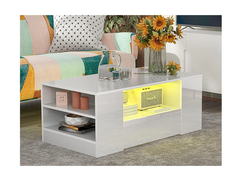 Moderne salontafel - 2 lades en 2 planken - spaanplaten - LED's - wit