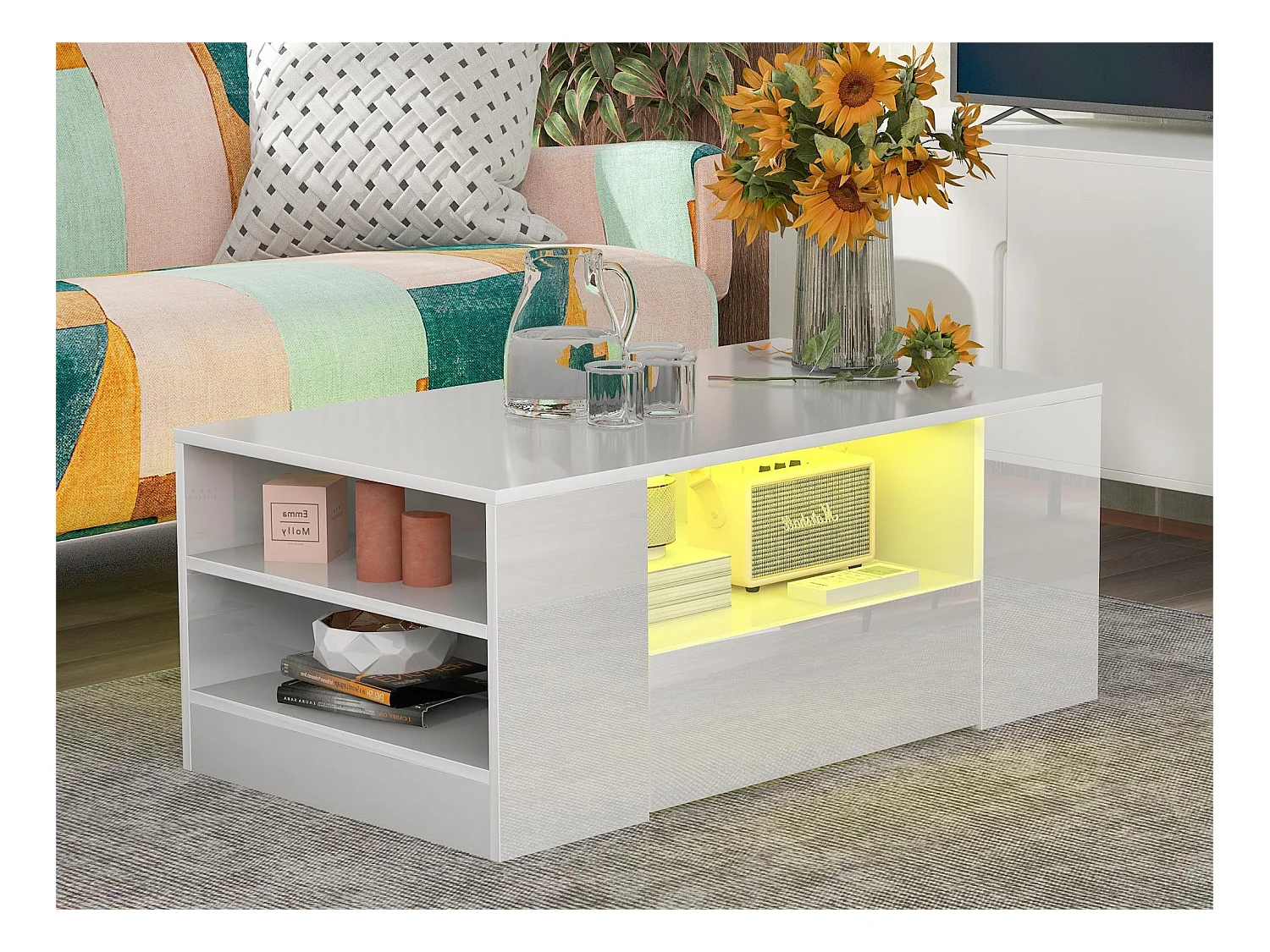 Table Basse Moderne - 2 Tiroirs et 2 Étagères - Panneaux de Particules - LEDs - Blanc
