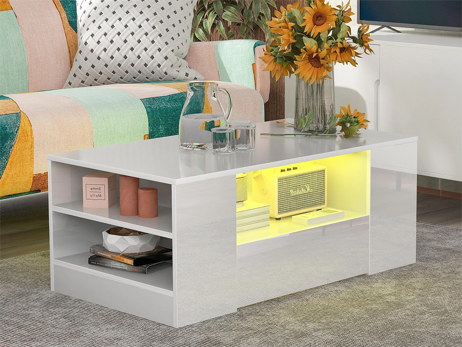 Table Basse Moderne - 2 Tiroirs et 2 Étagères - Panneaux de Particules - LEDs - Blanc