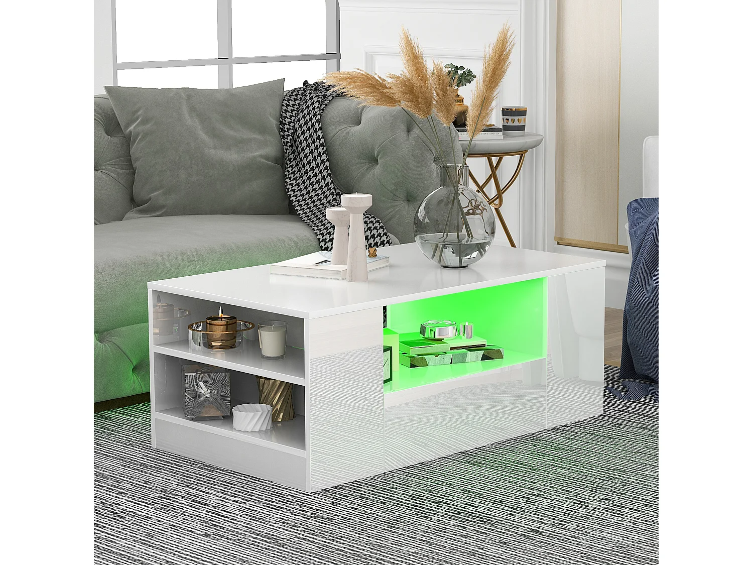 Table Basse Moderne - 2 Tiroirs et 2 Étagères - Panneaux de Particules - LEDs - Blanc