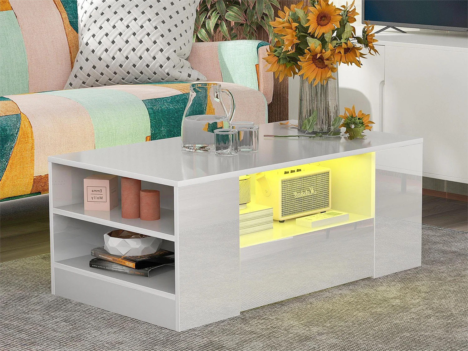 Table Basse Moderne - 2 Tiroirs et 2 Étagères - Panneaux de Particules - LEDs - Blanc