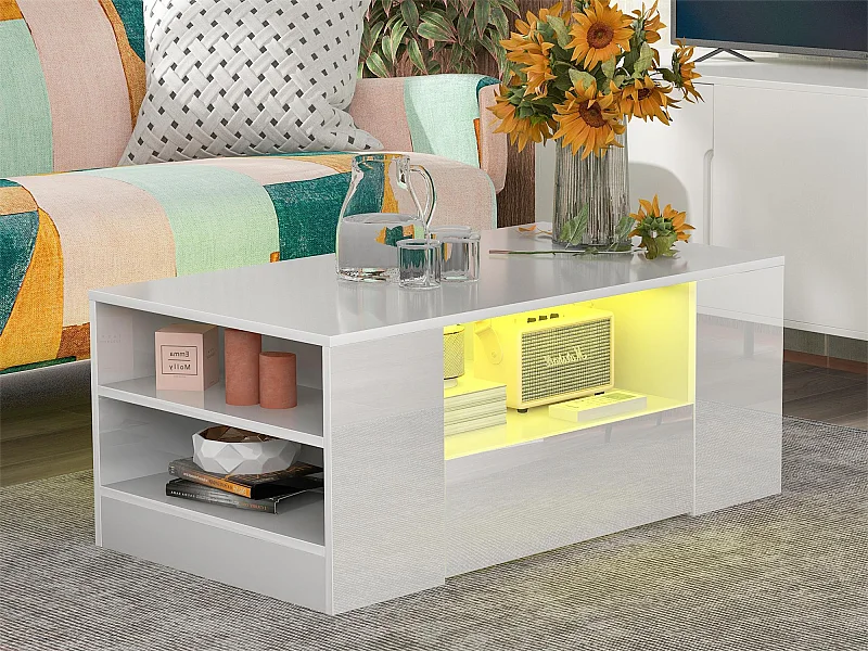 Table Basse Moderne - 2 Tiroirs et 2 Étagères - Panneaux de Particules - LEDs - Blanc