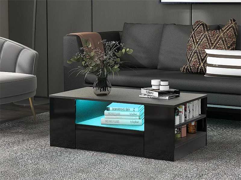 Moderne salontafel - 2 lades en 2 planken - spaanplaten - LED's - zwart