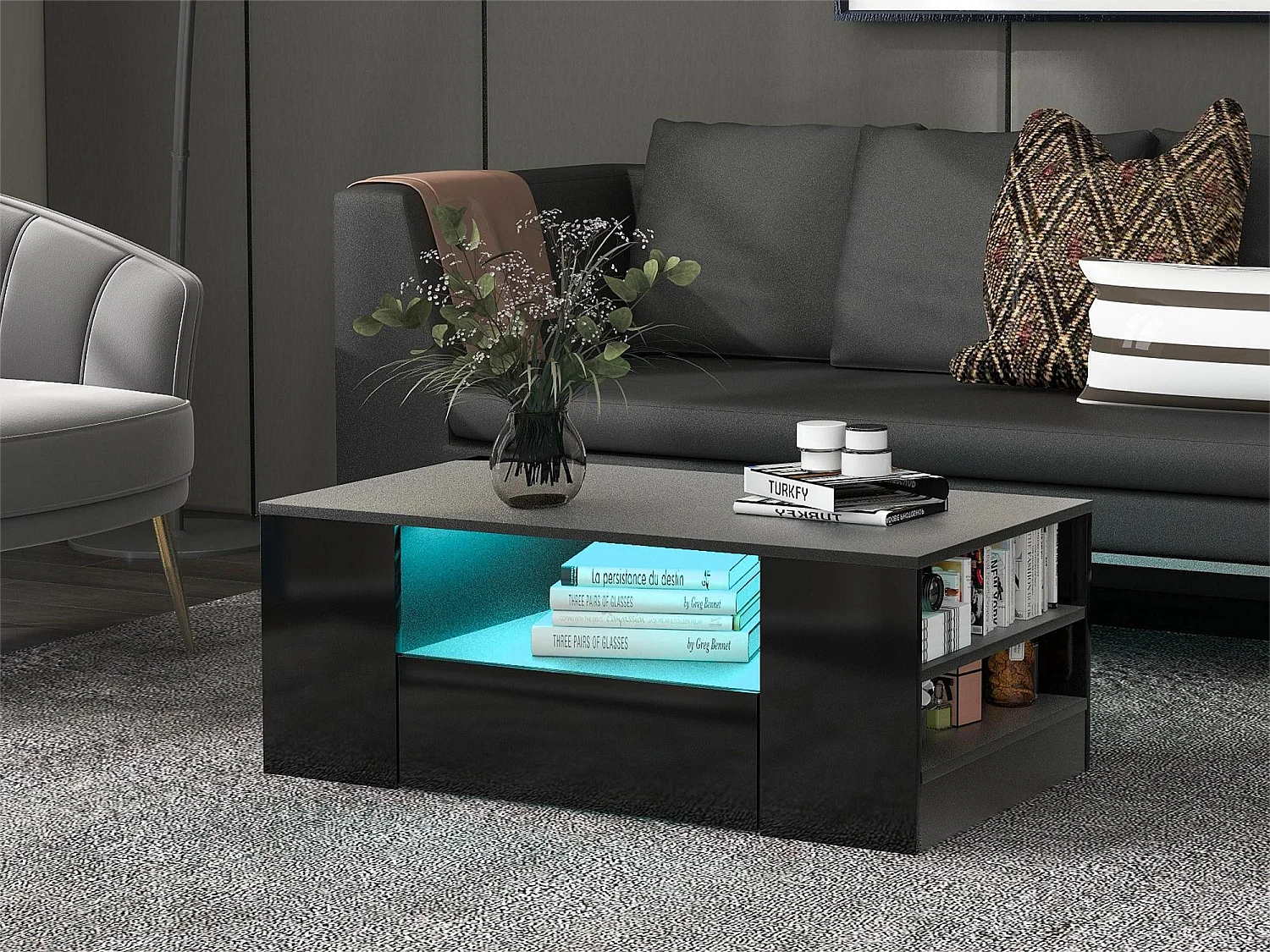 Mesa de centro moderna - 2 cajones y 2 estantes - Tableros de partículas - LED - Negro