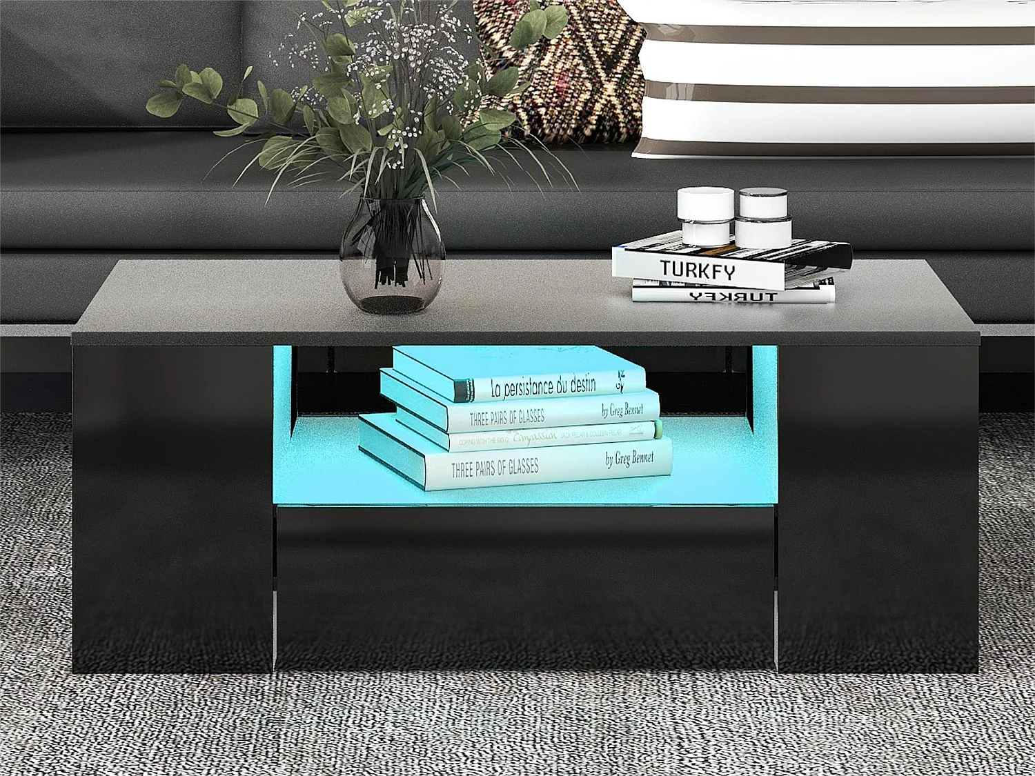 Mesa de centro moderna - 2 cajones y 2 estantes - Tableros de partículas - LED - Negro