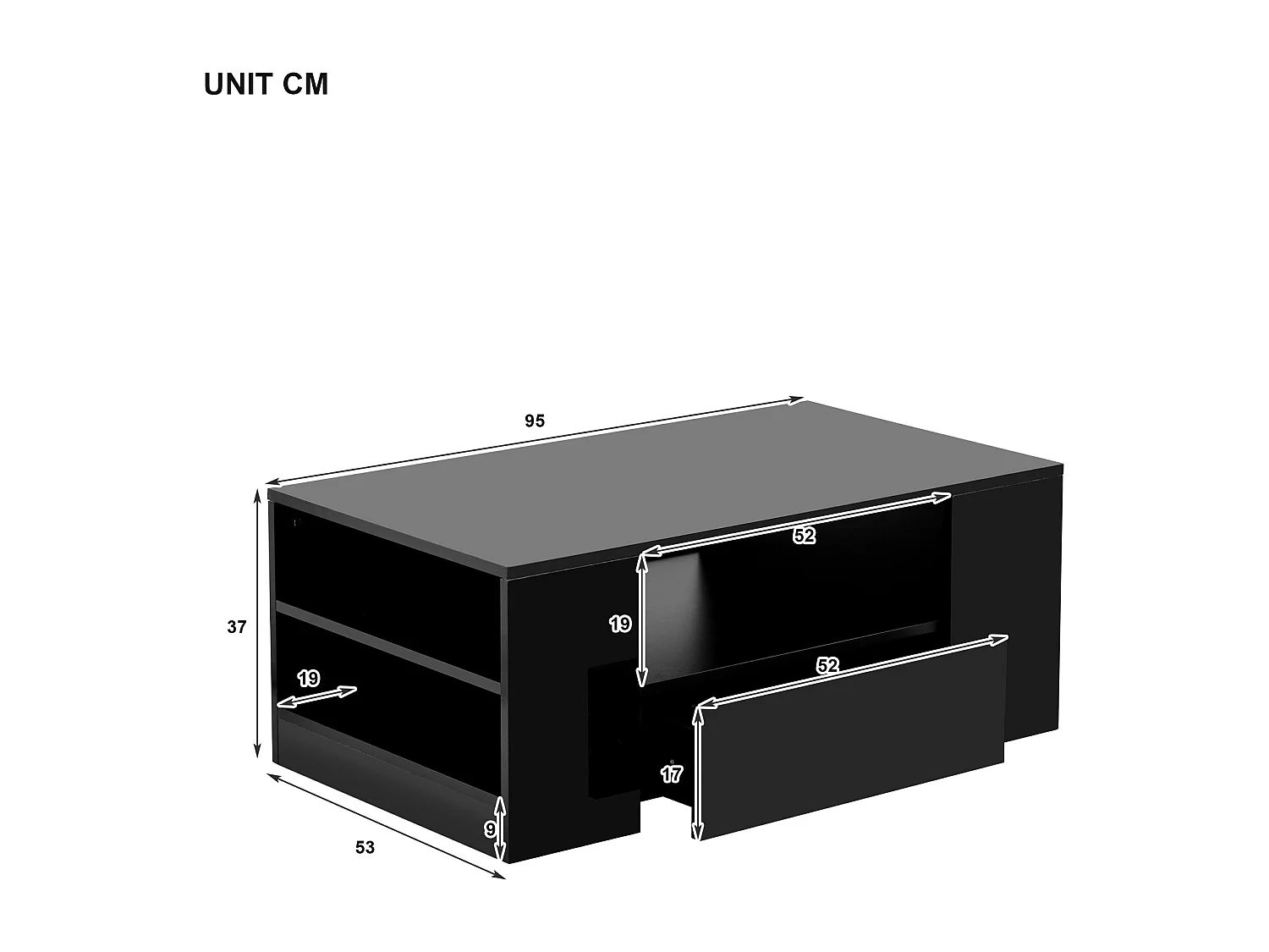 Mesa de centro moderna - 2 cajones y 2 estantes - Tableros de partículas - LED - Negro