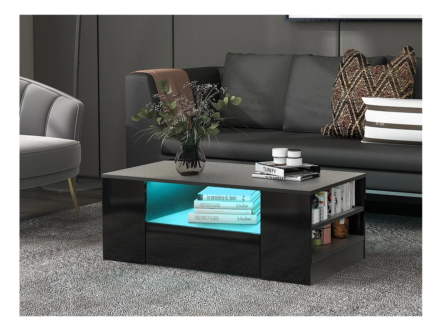 Table Basse Moderne - 2 Tiroirs et 2 Étagères - Panneaux de Particules - LEDs - Noir