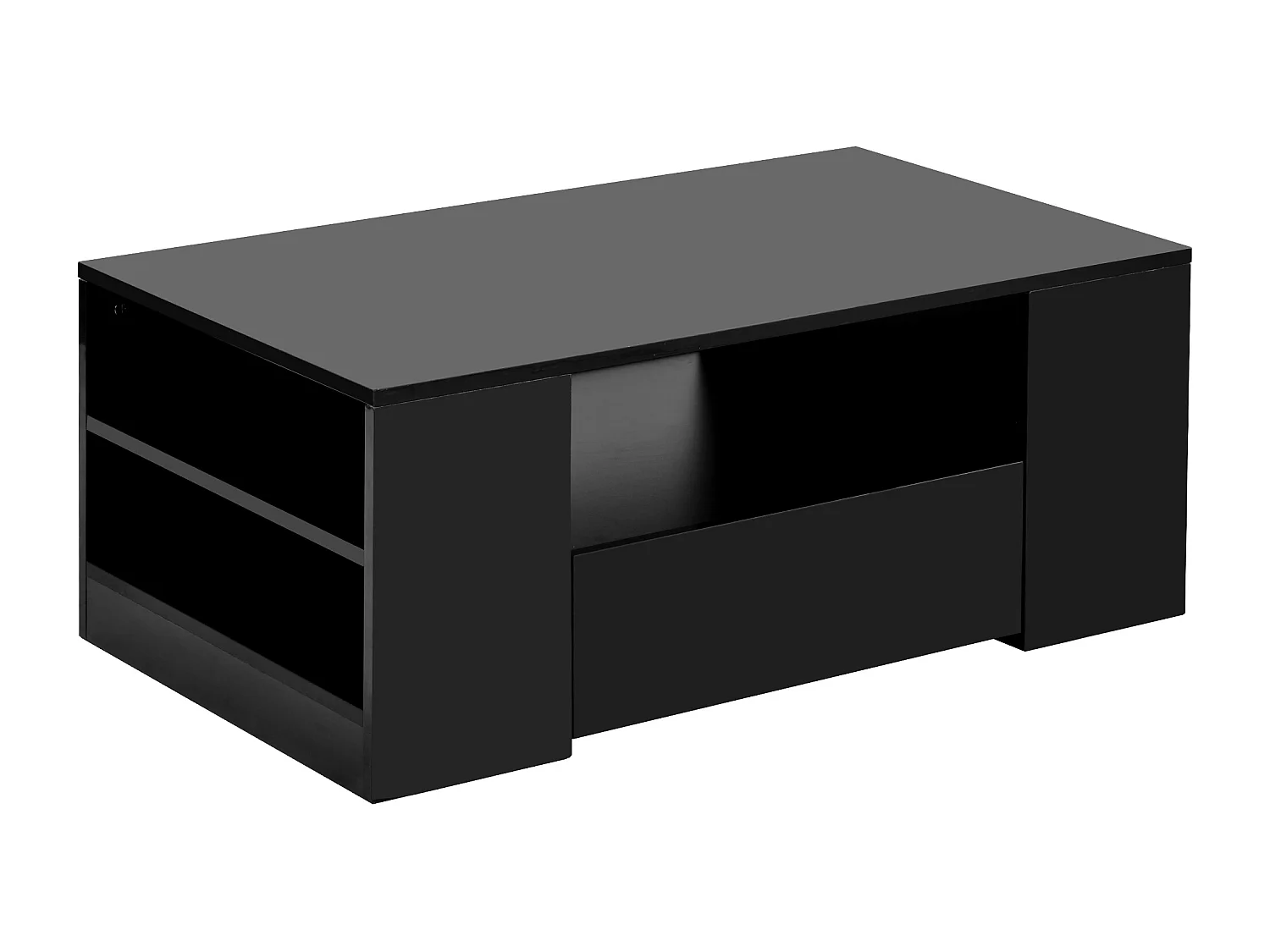 Table Basse Moderne - 2 Tiroirs et 2 Étagères - Panneaux de Particules - LEDs - Noir