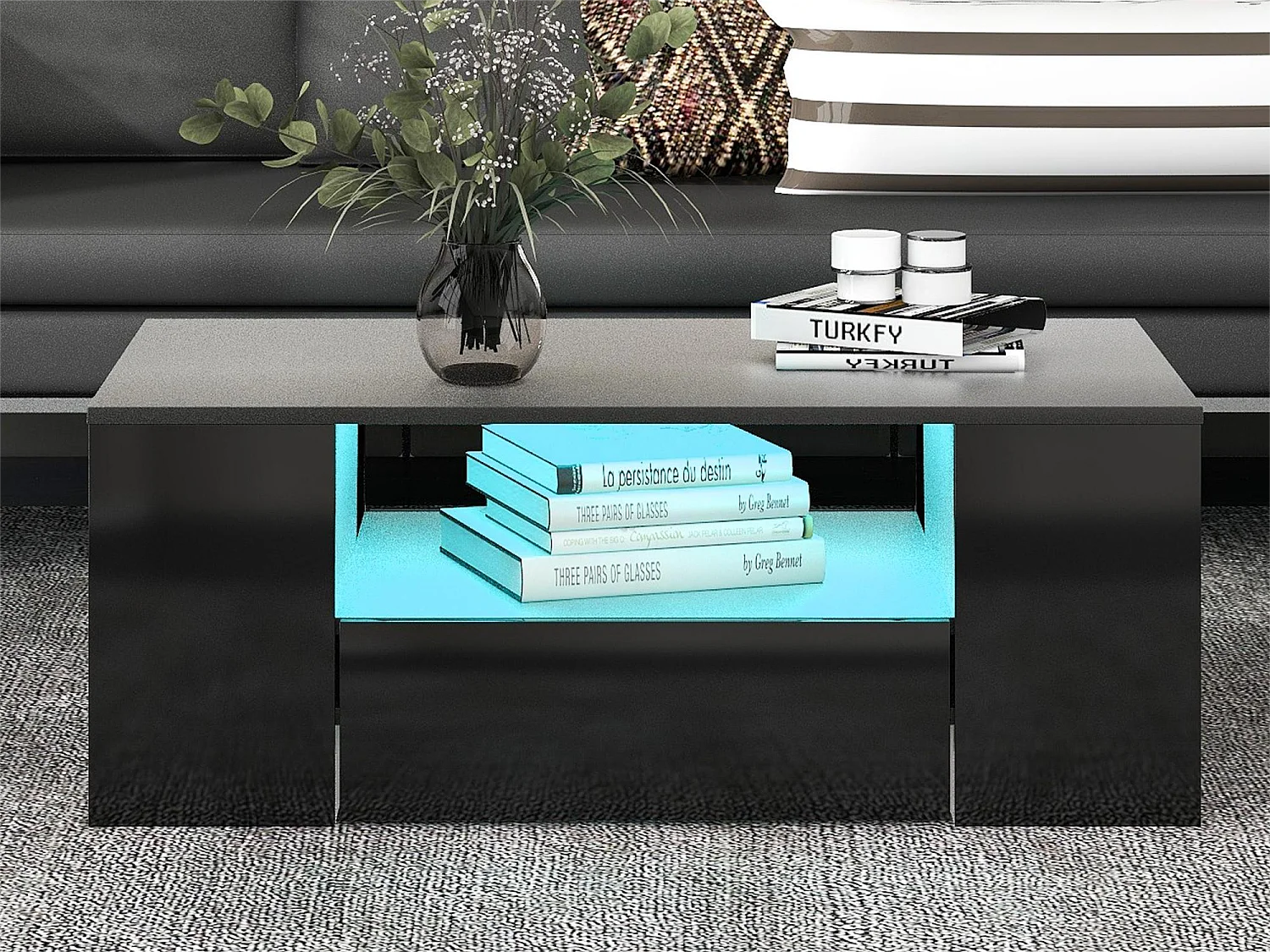 Moderne salontafel - 2 lades en 2 planken - spaanplaten - LED's - zwart