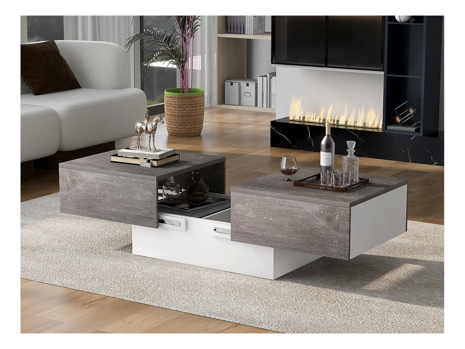 Table basse extensible - Bois MDF - Style moderne - pour salon, bureau - Gris