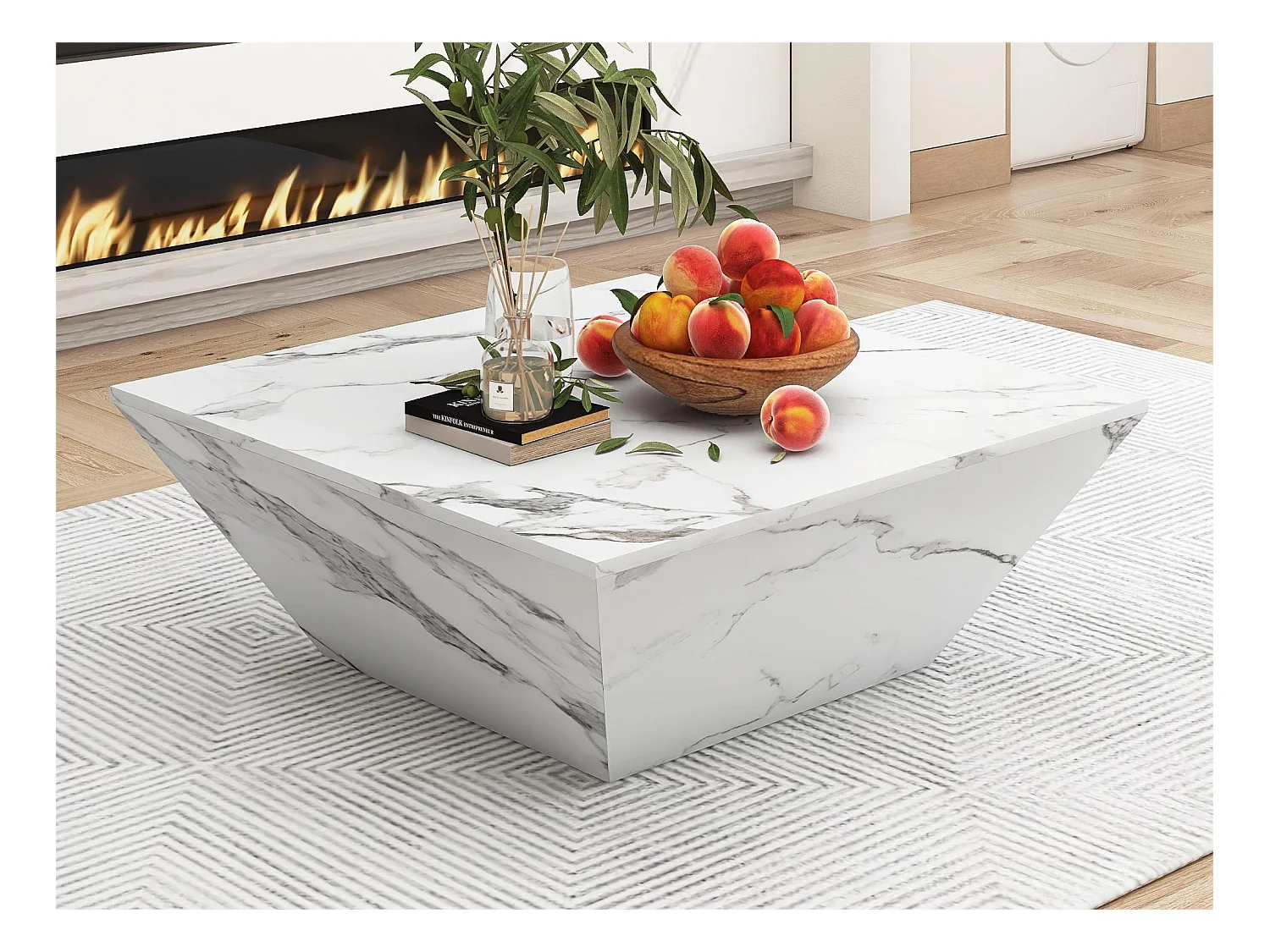Table basse à tambour moderne, Table de salon en placage marbré blanc, 2 Tiroirs, Bois MDF, 70 x 70 x 37cm