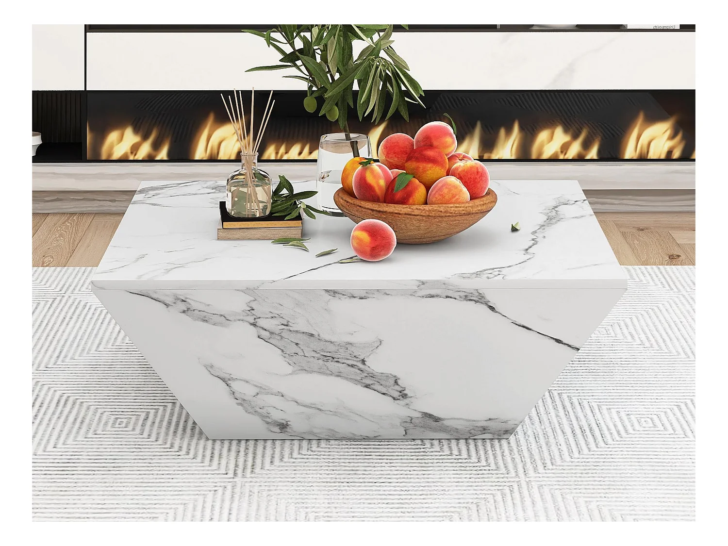 Nowoczesny stolik kawowy Drum, biały fornir marmurowy, stół do salonu, 2 szuflady, drewno MDF, 70 x 70 x 37 cm