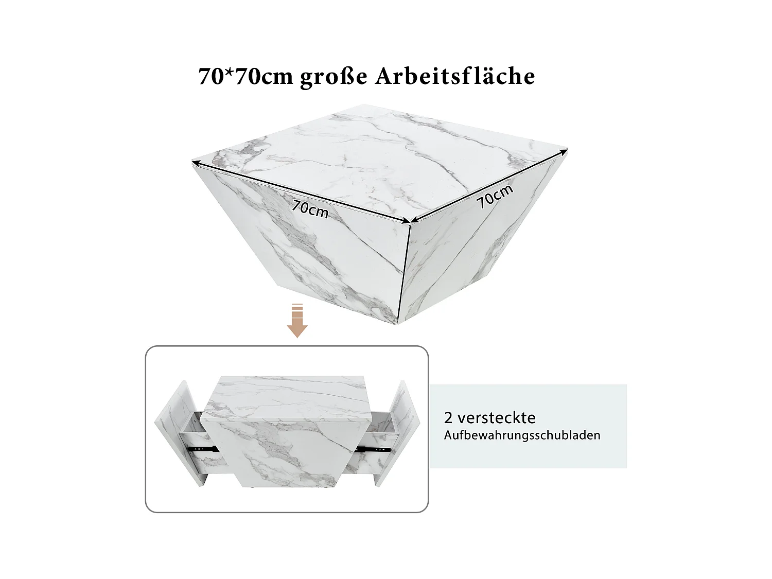 Nowoczesny stolik kawowy Drum, biały fornir marmurowy, stół do salonu, 2 szuflady, drewno MDF, 70 x 70 x 37 cm
