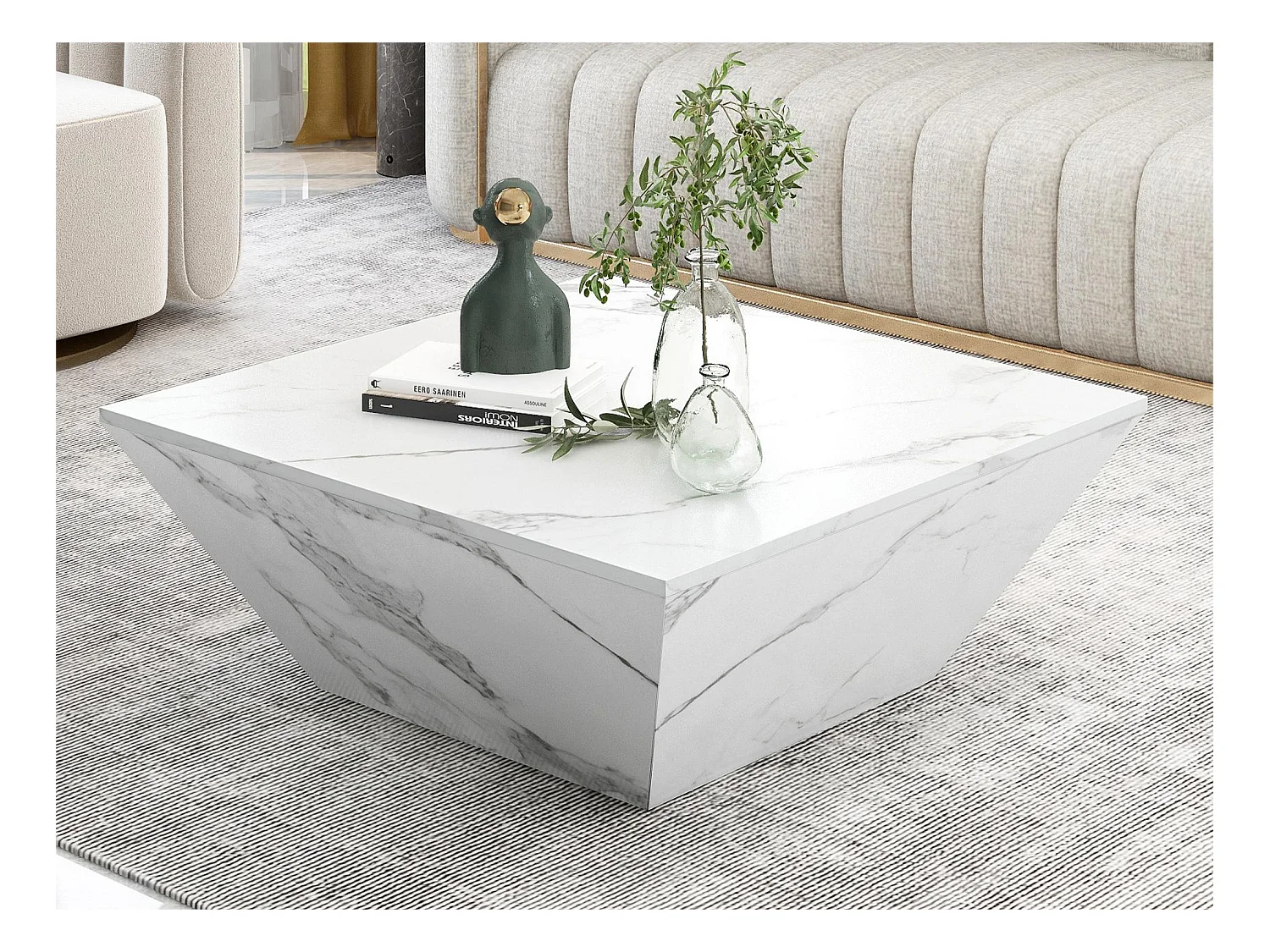 Nowoczesny stolik kawowy Drum, biały fornir marmurowy, stół do salonu, 2 szuflady, drewno MDF, 70 x 70 x 37 cm