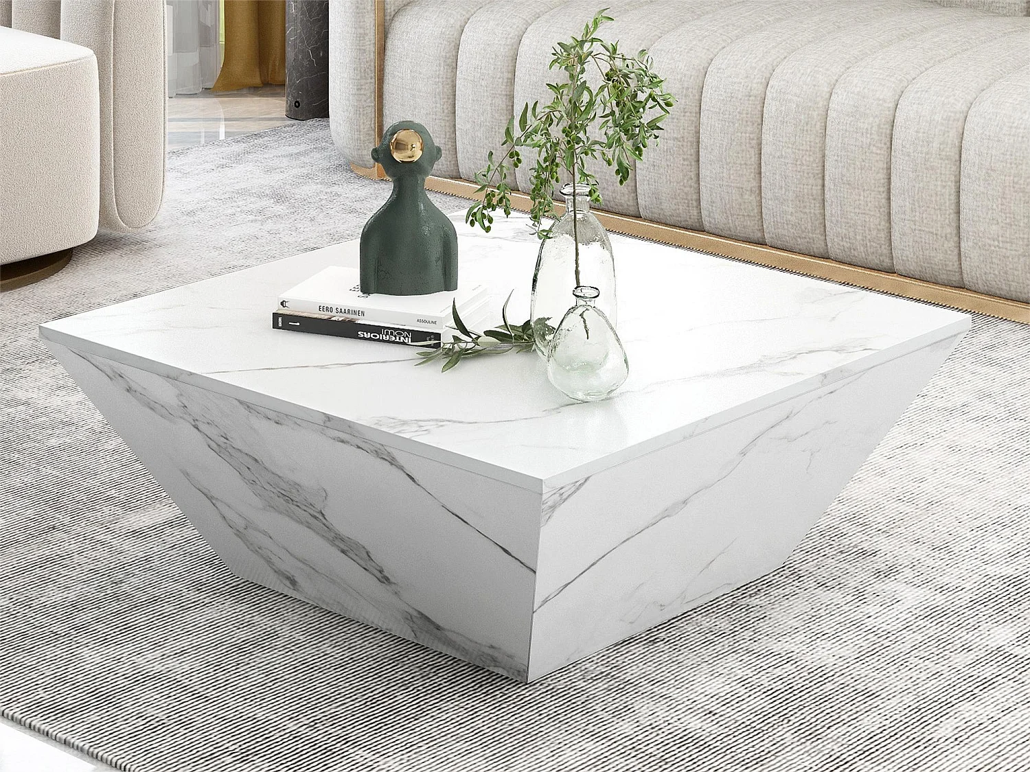 Table basse à tambour moderne, Table de salon en placage marbré blanc, 2 Tiroirs, Bois MDF, 70 x 70 x 37cm