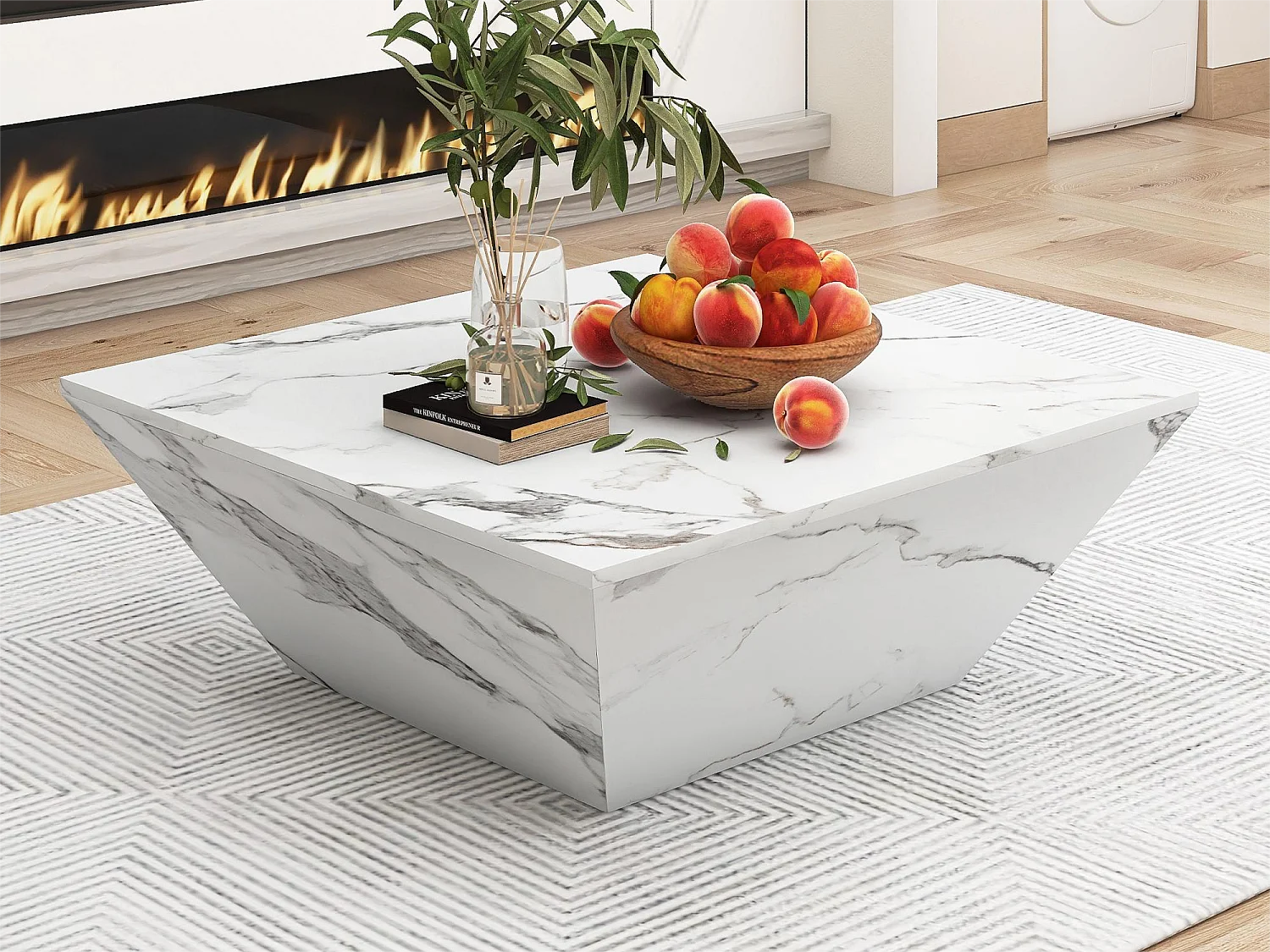 Mesa de centro moderna de tambor, Mesa de sala em folheado de mármore branco, 2 gavetas, madeira MDF, 70 x 70 x 37cm