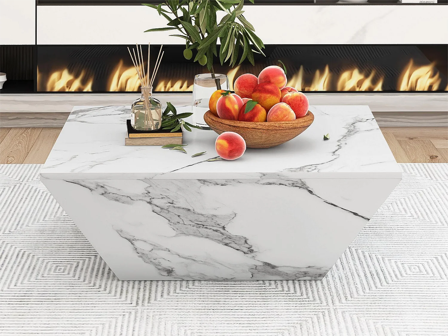 Mesa de centro moderna de tambor, Mesa de sala em folheado de mármore branco, 2 gavetas, madeira MDF, 70 x 70 x 37cm