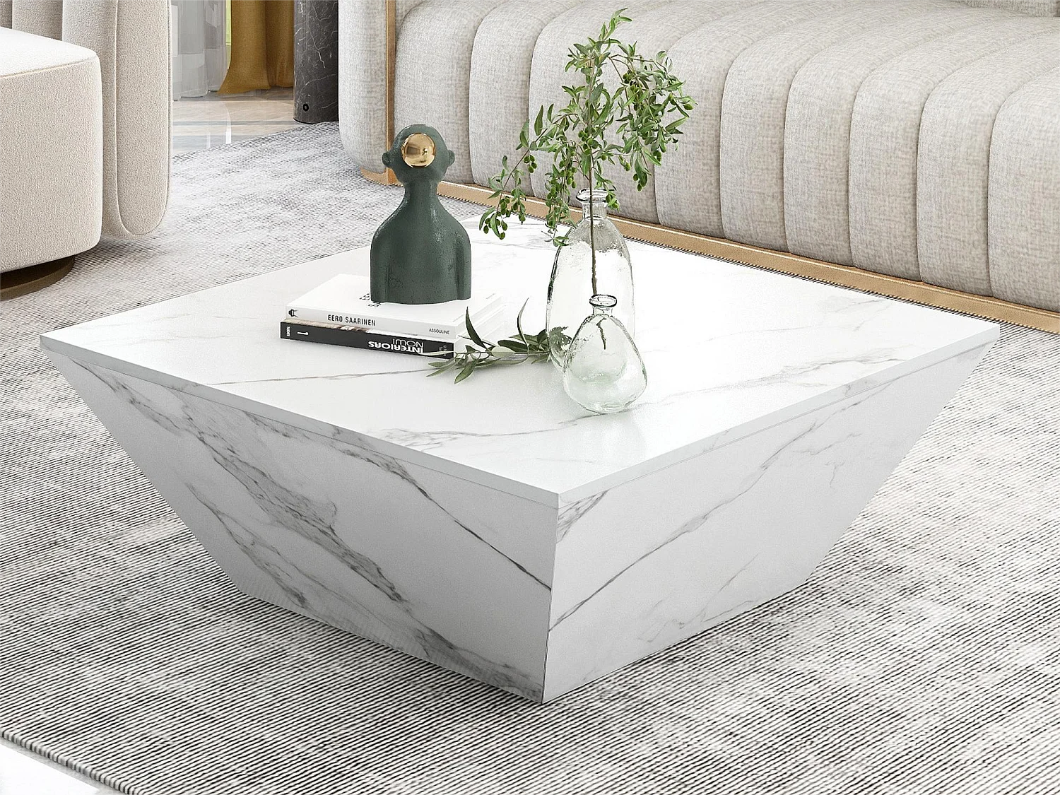 Mesa de centro moderna de tambor, Mesa de sala em folheado de mármore branco, 2 gavetas, madeira MDF, 70 x 70 x 37cm