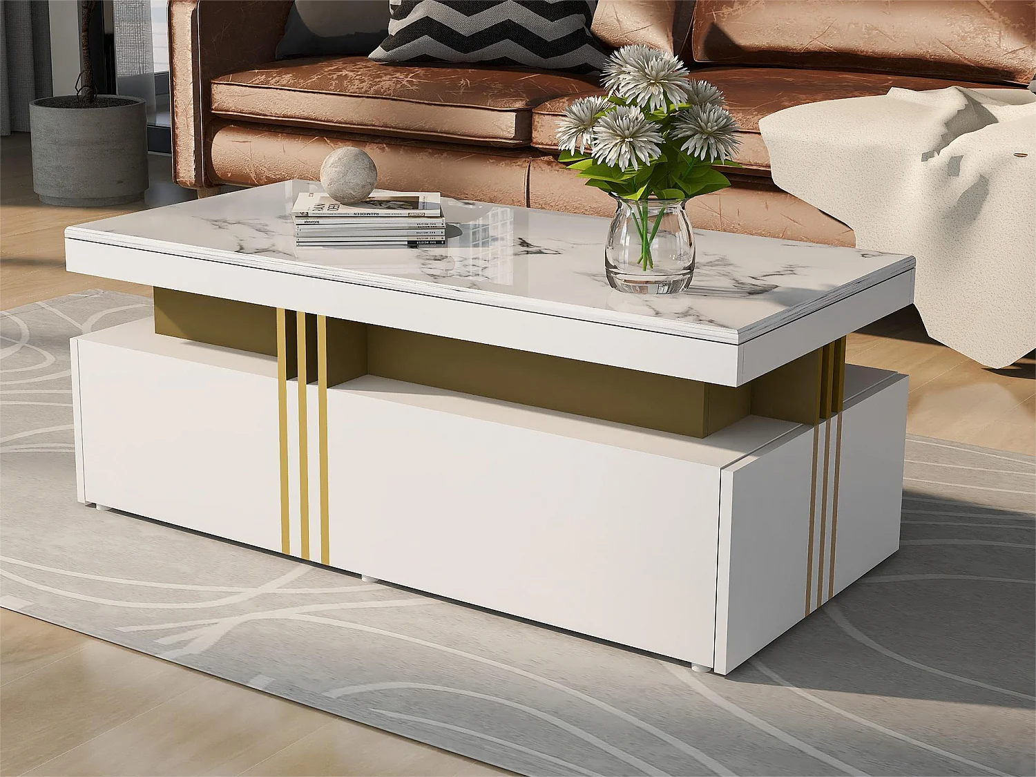 Moderner Couchtisch mit 2 Schubladen, Platte mit Marmormuster, Wohnzimmertisch, Weiß, 100 x 50 x 40 cm