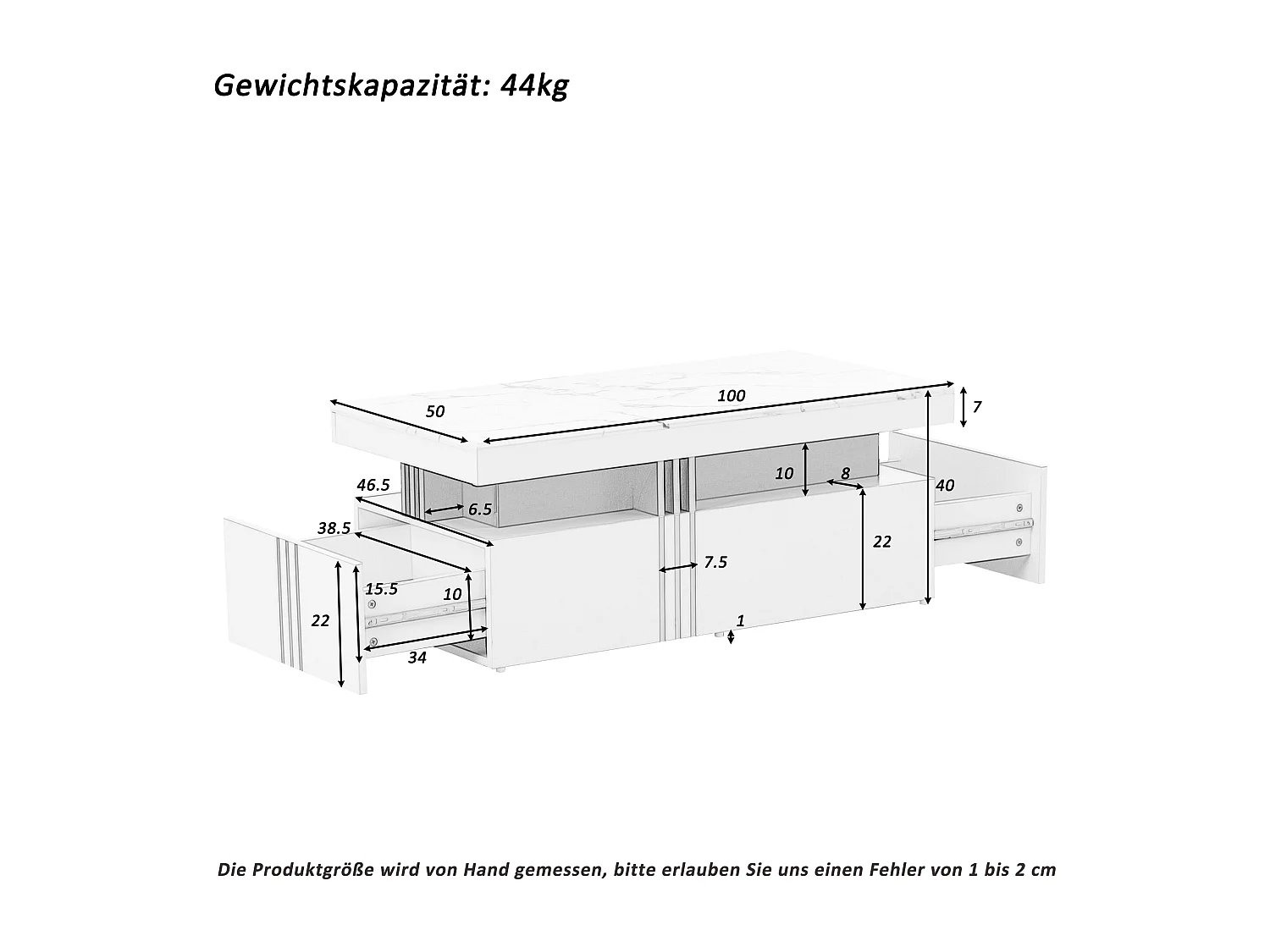 Moderner Couchtisch mit 2 Schubladen, Platte mit Marmormuster, Wohnzimmertisch, Weiß, 100 x 50 x 40 cm