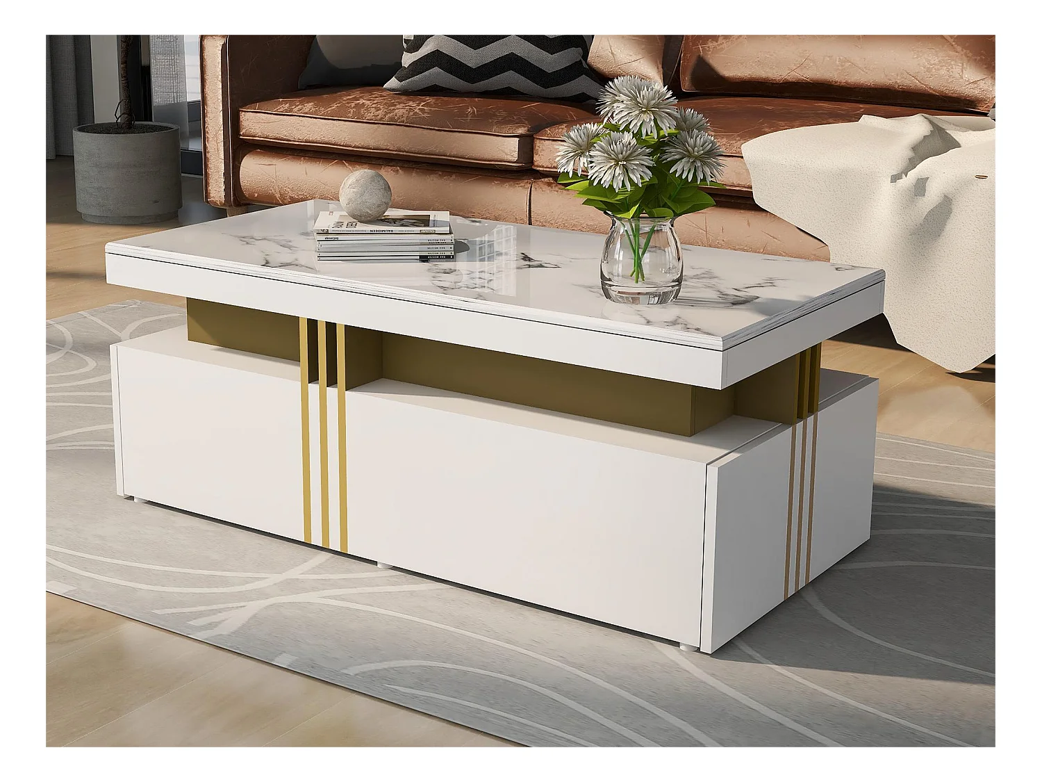 Table basse moderne avec 2 tiroirs, plateau à motif marbre, table de salon, blanc, 100x50x40cm