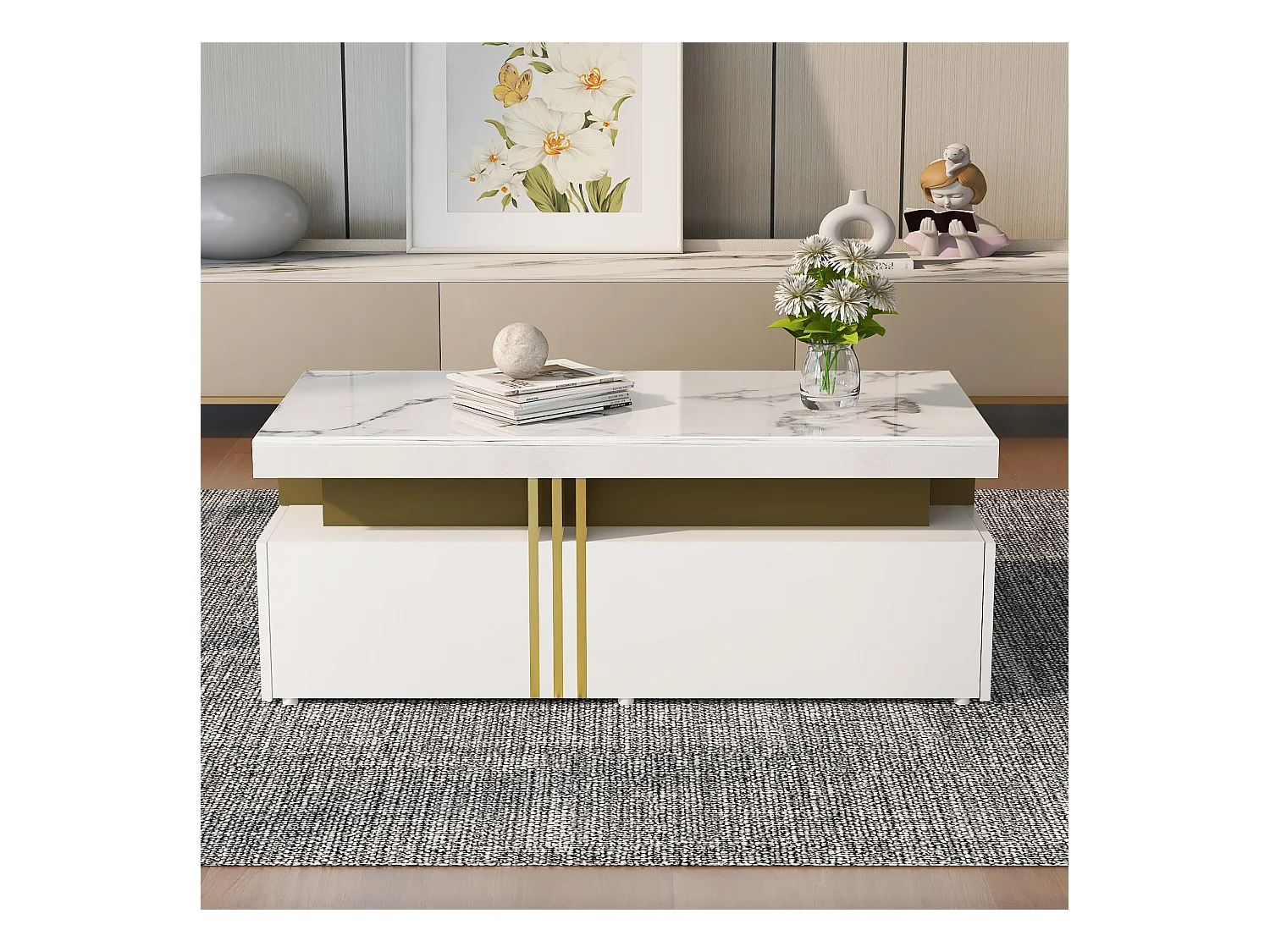 Table basse moderne avec 2 tiroirs, plateau à motif marbre, table de salon, blanc, 100x50x40cm