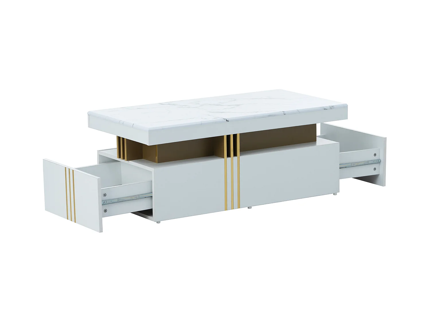 Table basse moderne avec 2 tiroirs, plateau à motif marbre, table de salon, blanc, 100x50x40cm