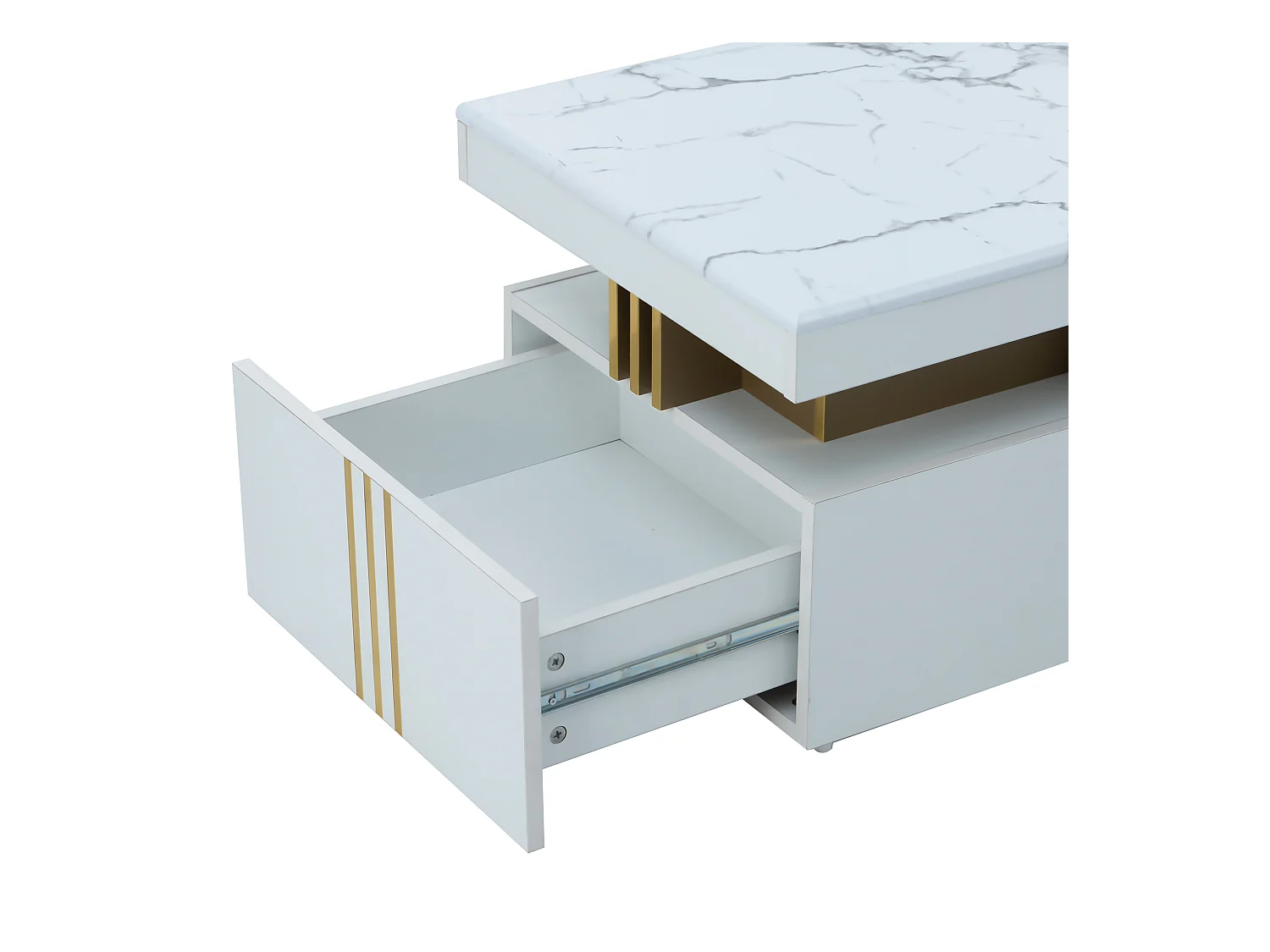 Table basse moderne avec 2 tiroirs, plateau à motif marbre, table de salon, blanc, 100x50x40cm
