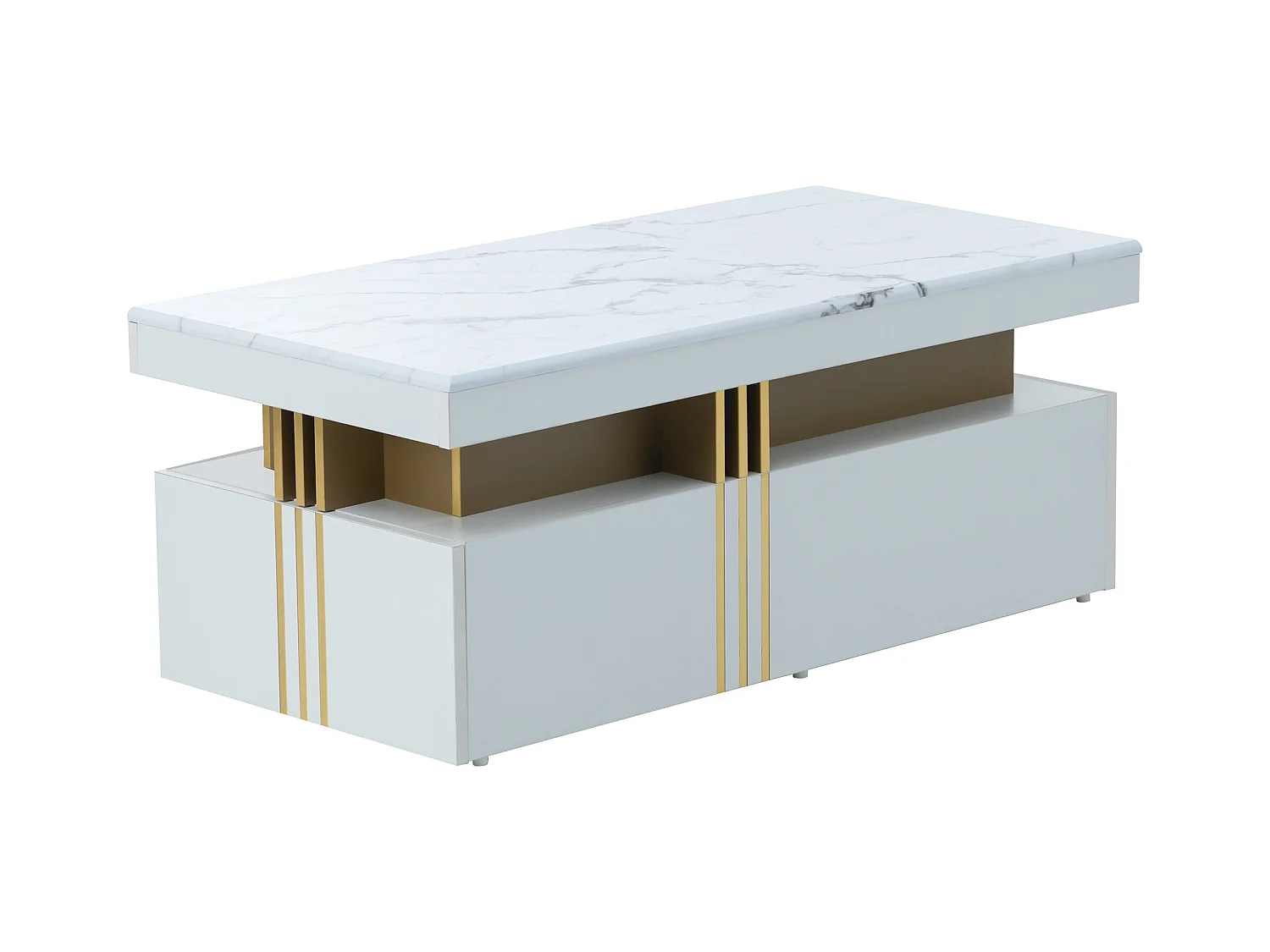 Table basse moderne avec 2 tiroirs, plateau à motif marbre, table de salon, blanc, 100x50x40cm
