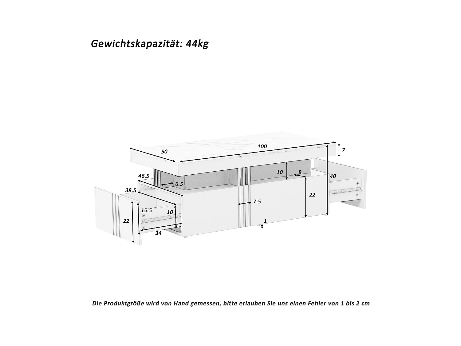 Table basse moderne avec 2 tiroirs, plateau à motif marbre, table de salon, blanc, 100x50x40cm