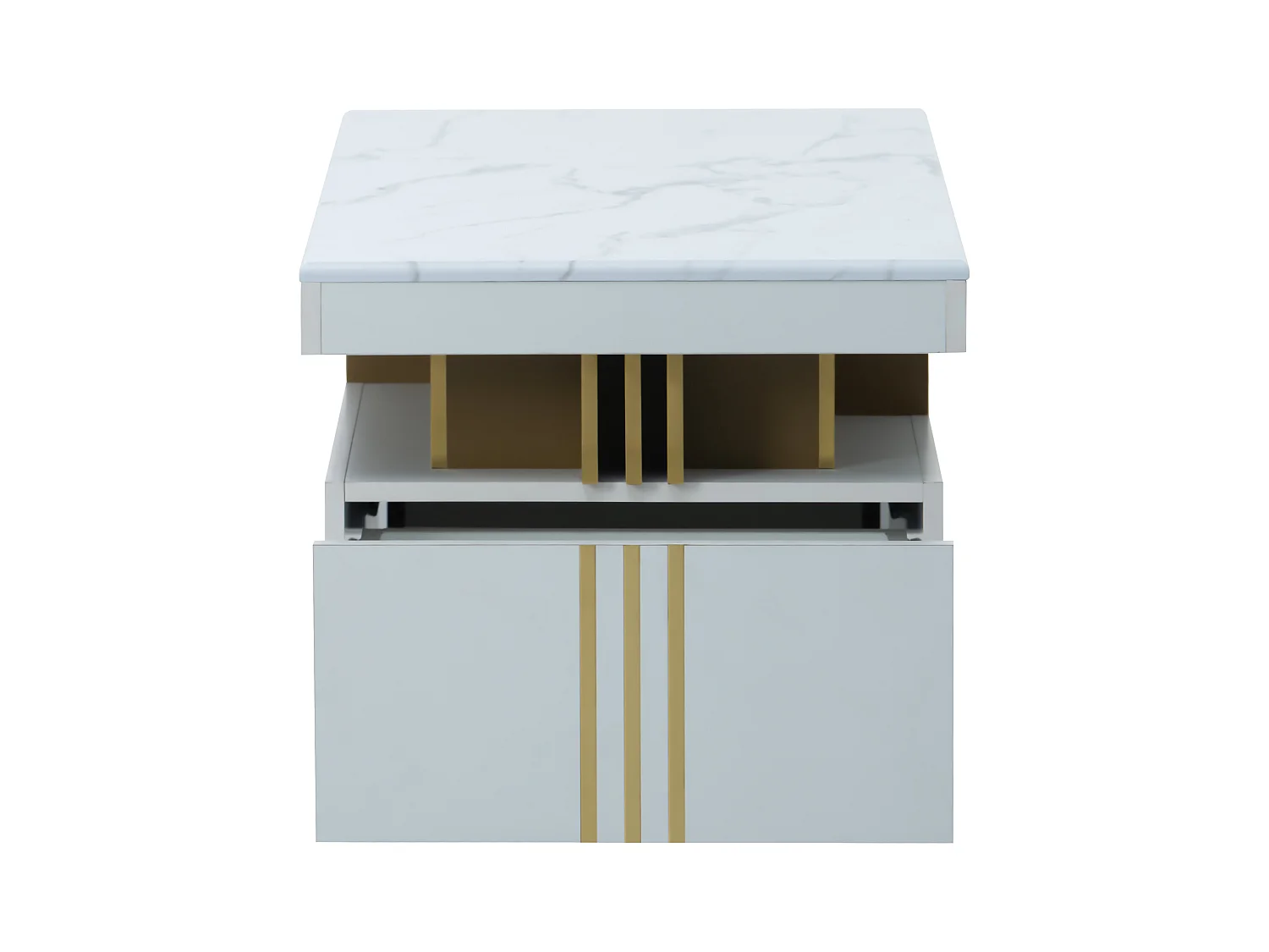 Table basse moderne avec 2 tiroirs, plateau à motif marbre, table de salon, blanc, 100x50x40cm