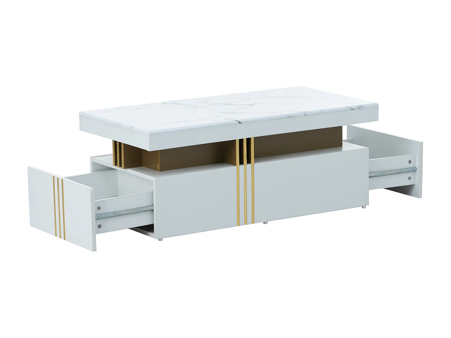 Table basse moderne avec 2 tiroirs, plateau à motif marbre, table de salon, blanc, 100x50x40cm