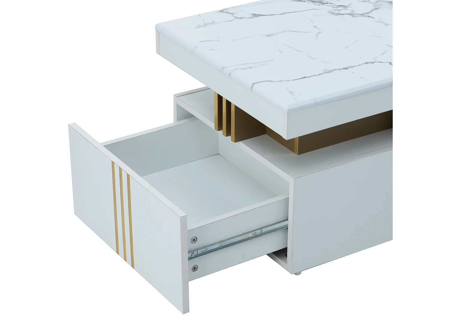 Table basse moderne avec 2 tiroirs, plateau à motif marbre, table de salon, blanc, 100x50x40cm