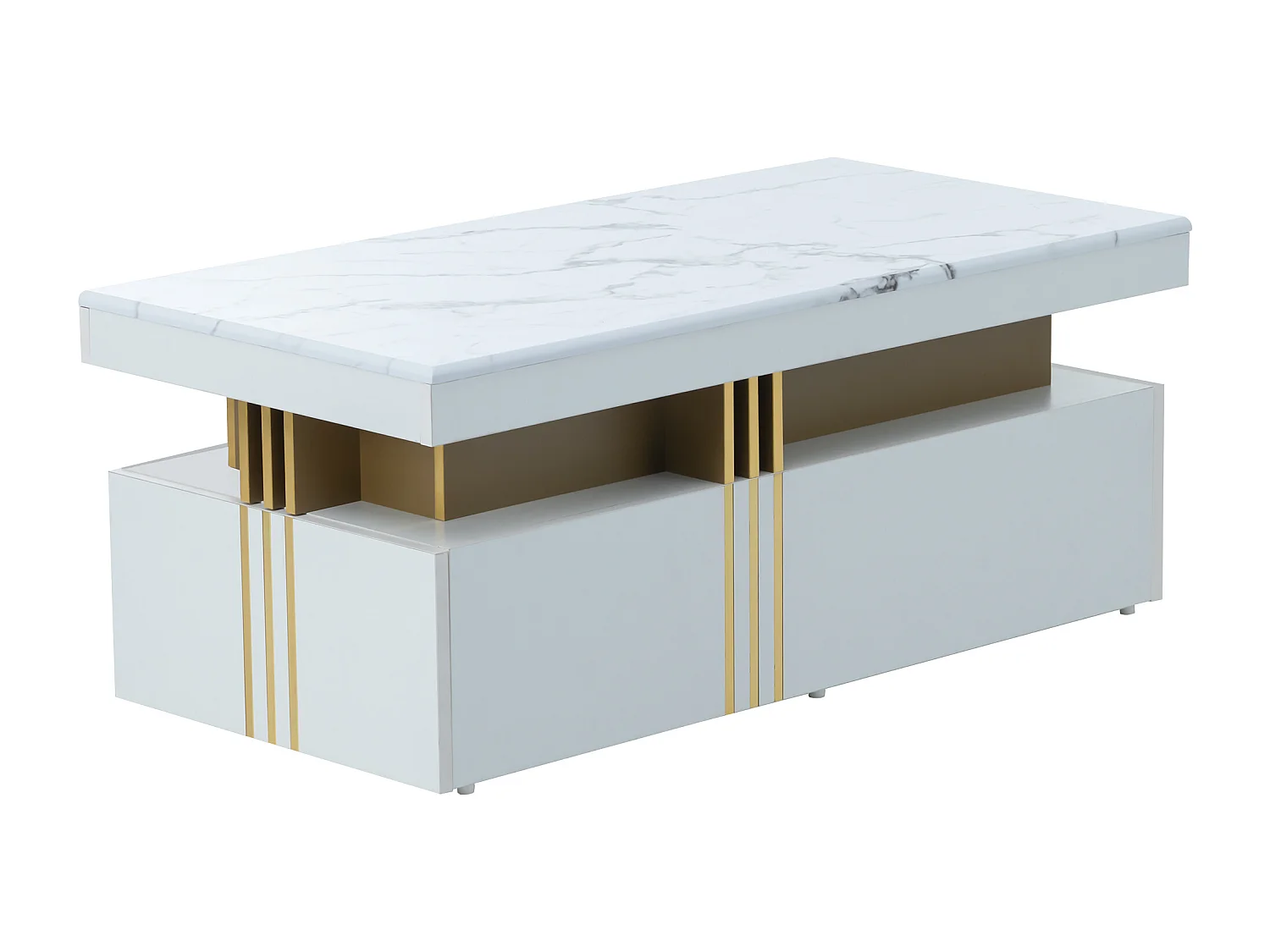 Table basse moderne avec 2 tiroirs, plateau à motif marbre, table de salon, blanc, 100x50x40cm
