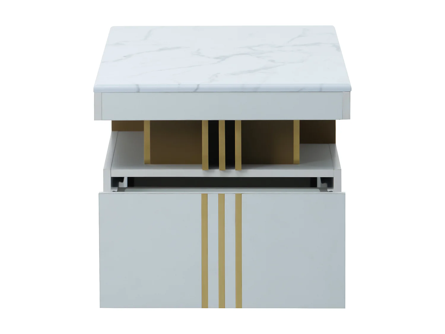 Table basse moderne avec 2 tiroirs, plateau à motif marbre, table de salon, blanc, 100x50x40cm