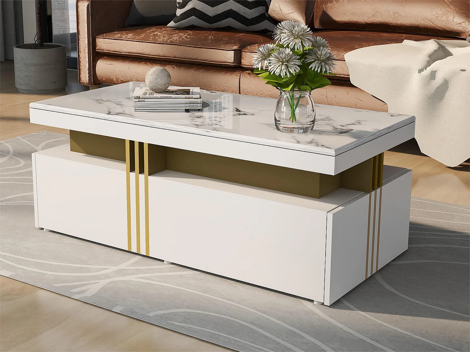 Moderner Couchtisch mit 2 Schubladen, Platte mit Marmormuster, Wohnzimmertisch, Weiß, 100 x 50 x 40 cm