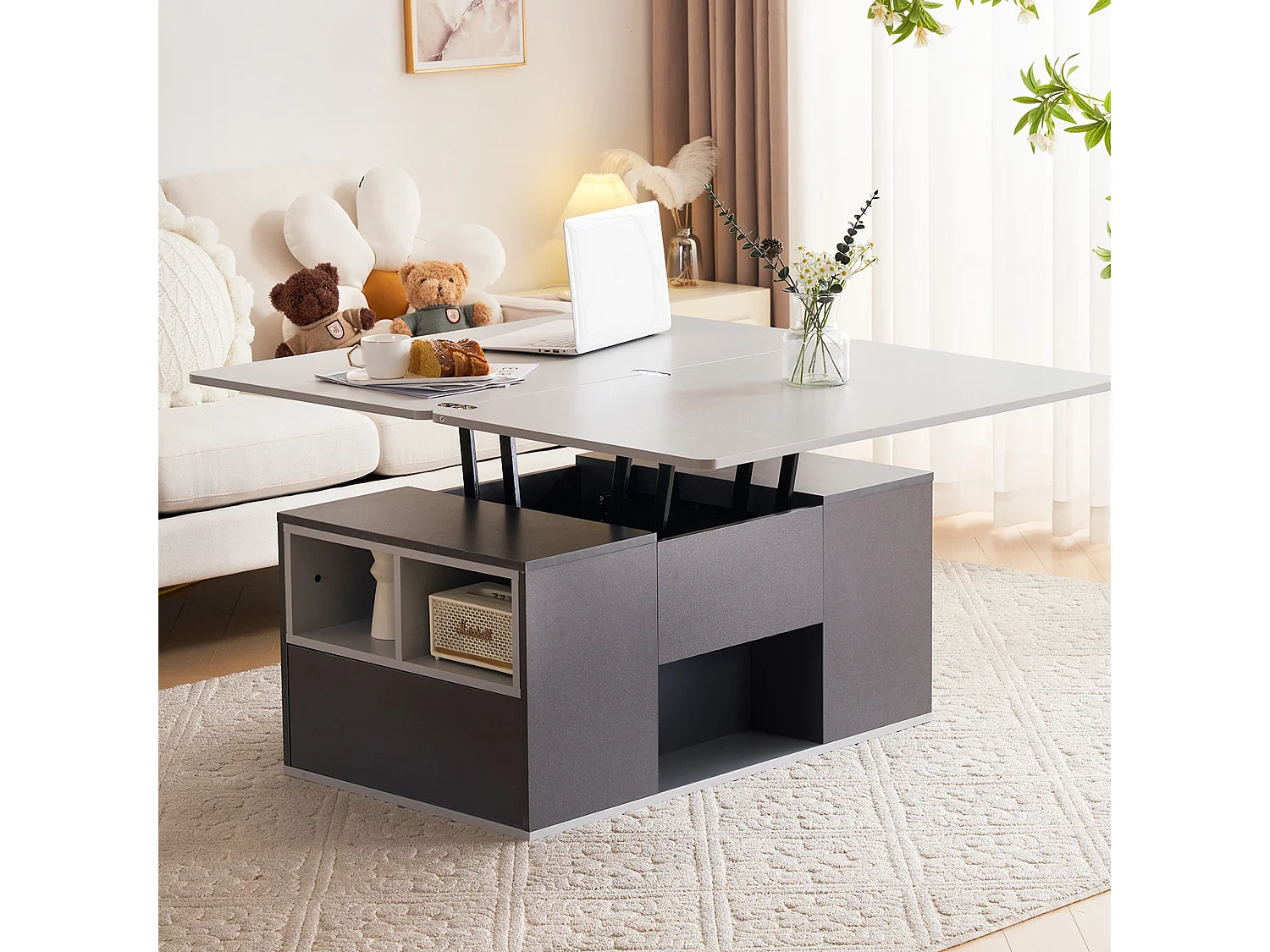 Opklapbare salontafel - 100 x 51 x 47 cm - blad openklapbaar in 2 bladen + 2 lades + 2 deuren - spaanplaat - grijs