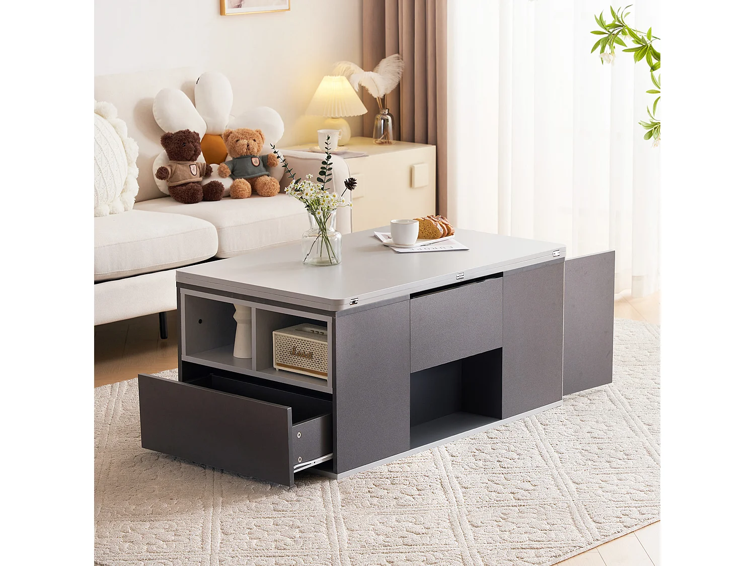 Opklapbare salontafel - 100 x 51 x 47 cm - blad openklapbaar in 2 bladen + 2 lades + 2 deuren - spaanplaat - grijs