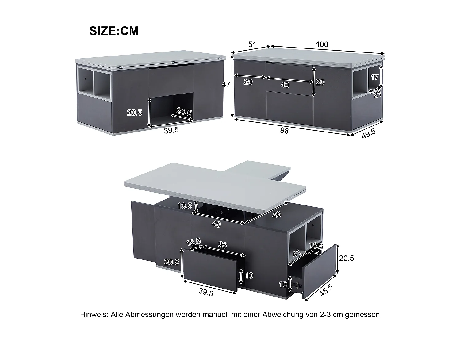 Opklapbare salontafel - 100 x 51 x 47 cm - blad openklapbaar in 2 bladen + 2 lades + 2 deuren - spaanplaat - grijs