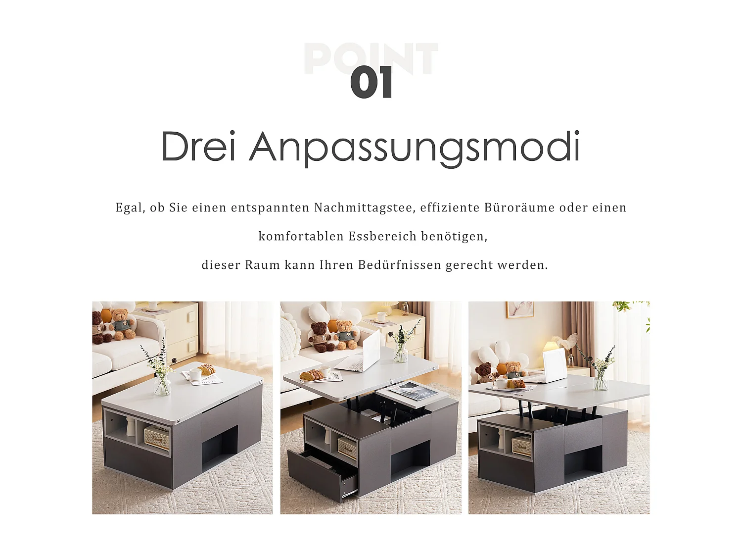 Opklapbare salontafel - 100 x 51 x 47 cm - blad openklapbaar in 2 bladen + 2 lades + 2 deuren - spaanplaat - grijs