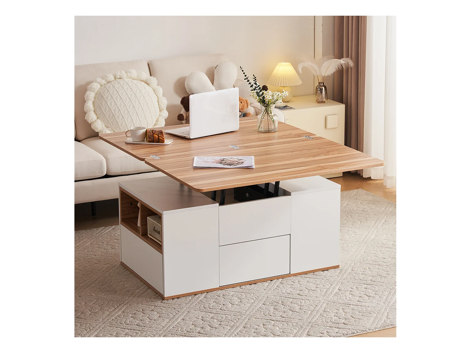 Table basse - plateau relevable - 2 niches & 3 tiroirs - bois panneaux de particules - chêne et blanc
