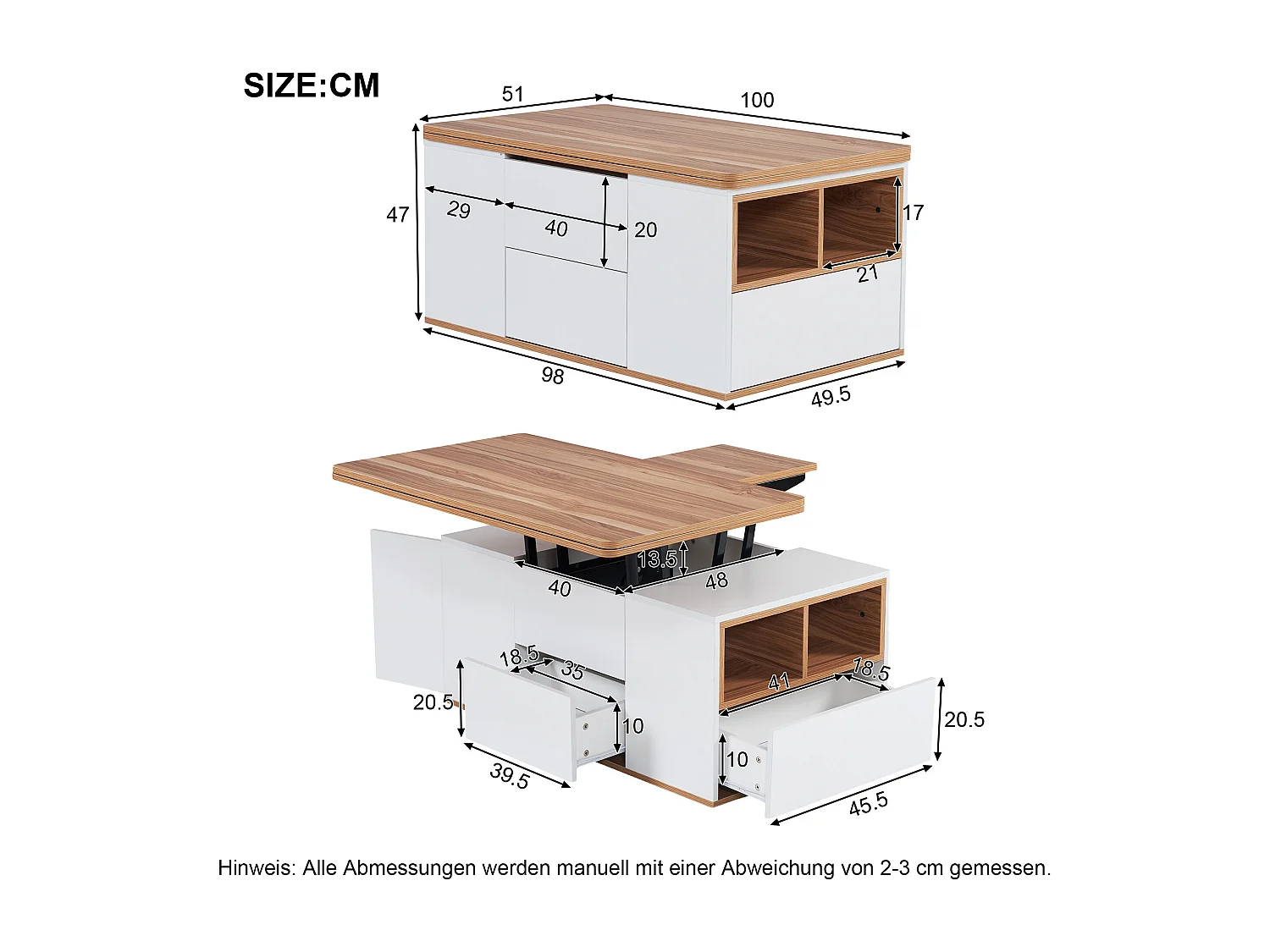 Table basse - plateau relevable - 2 niches & 3 tiroirs - bois panneaux de particules - chêne et blanc