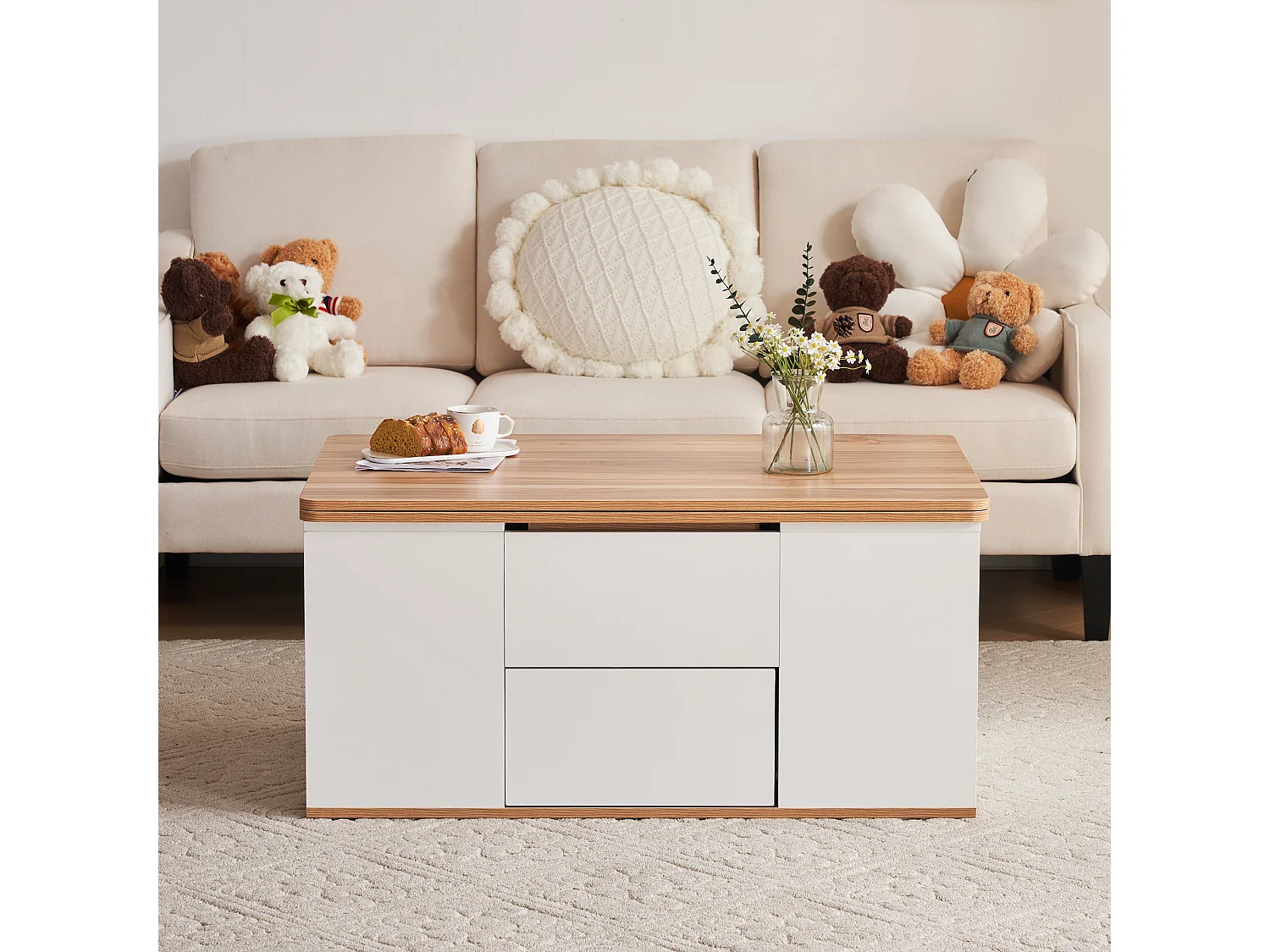 Table basse - plateau relevable - 2 niches & 3 tiroirs - bois panneaux de particules - chêne et blanc