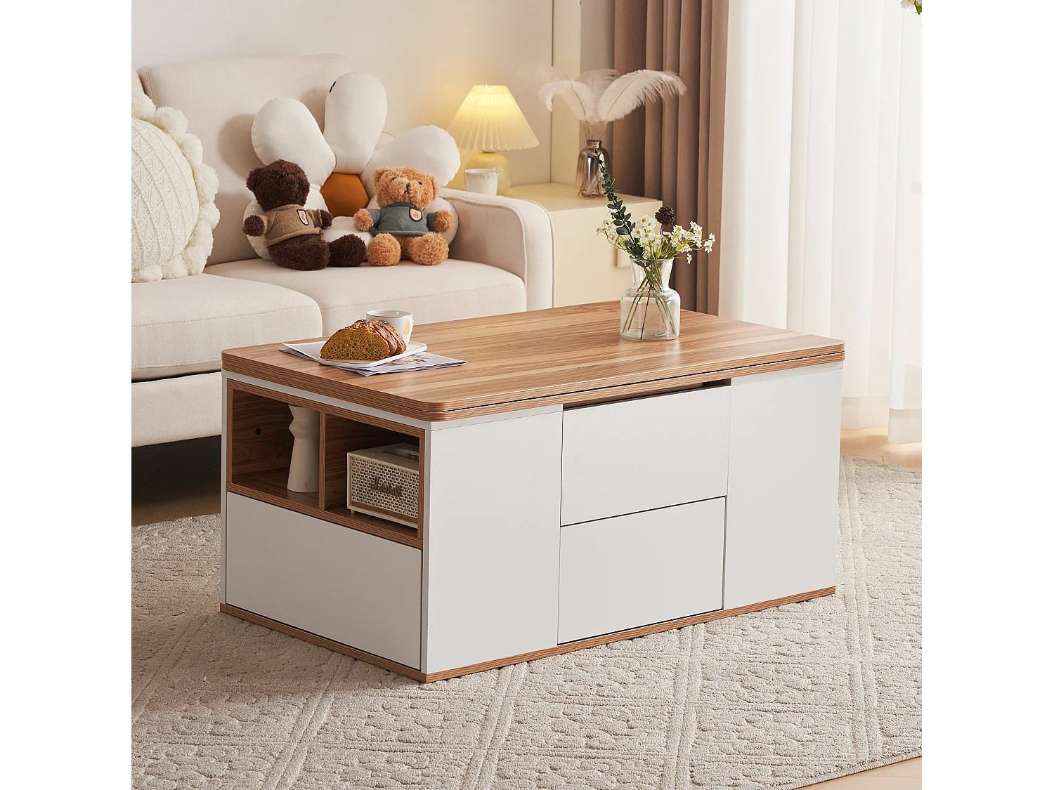Table basse - plateau relevable - 2 niches & 3 tiroirs - bois panneaux de particules - chêne et blanc