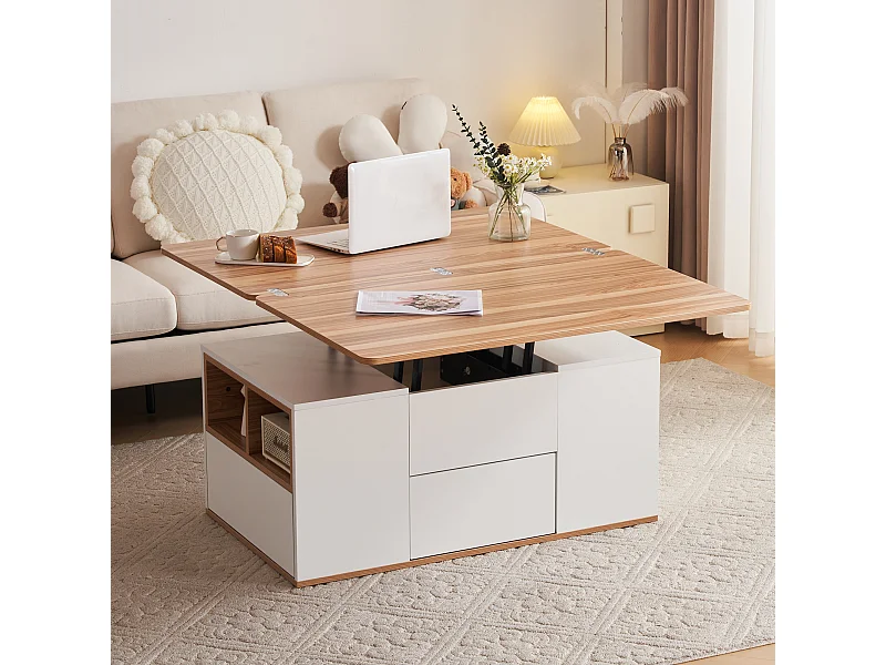 Table basse - plateau relevable - 2 niches & 3 tiroirs - bois panneaux de particules - chêne et blanc