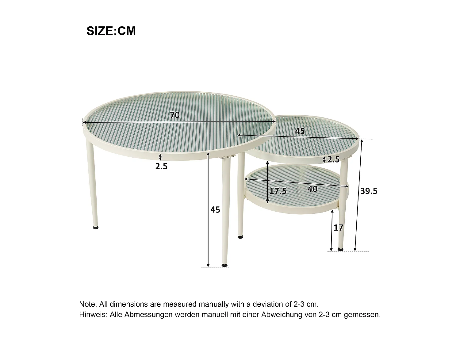 Set van 2 in elkaar passende salontafels, ronde bijzettafels, glazen blad, metalen poten, crèmewit