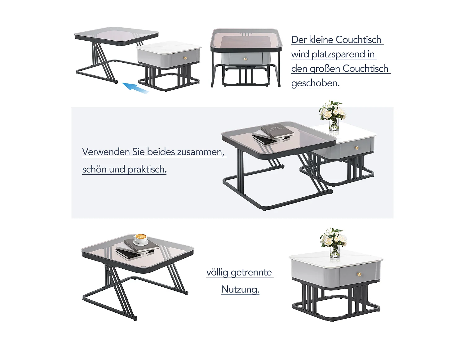 Lot de 2 tables basses gigognes - plateaux verre et motif marbre - blanc et marron