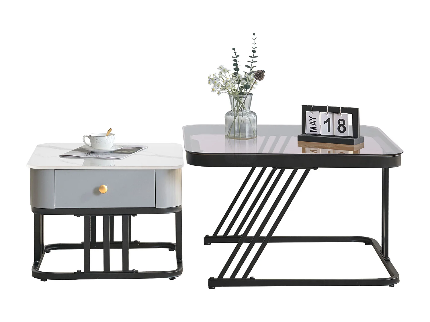 Lot de 2 tables basses gigognes - plateaux verre et motif marbre - blanc et marron