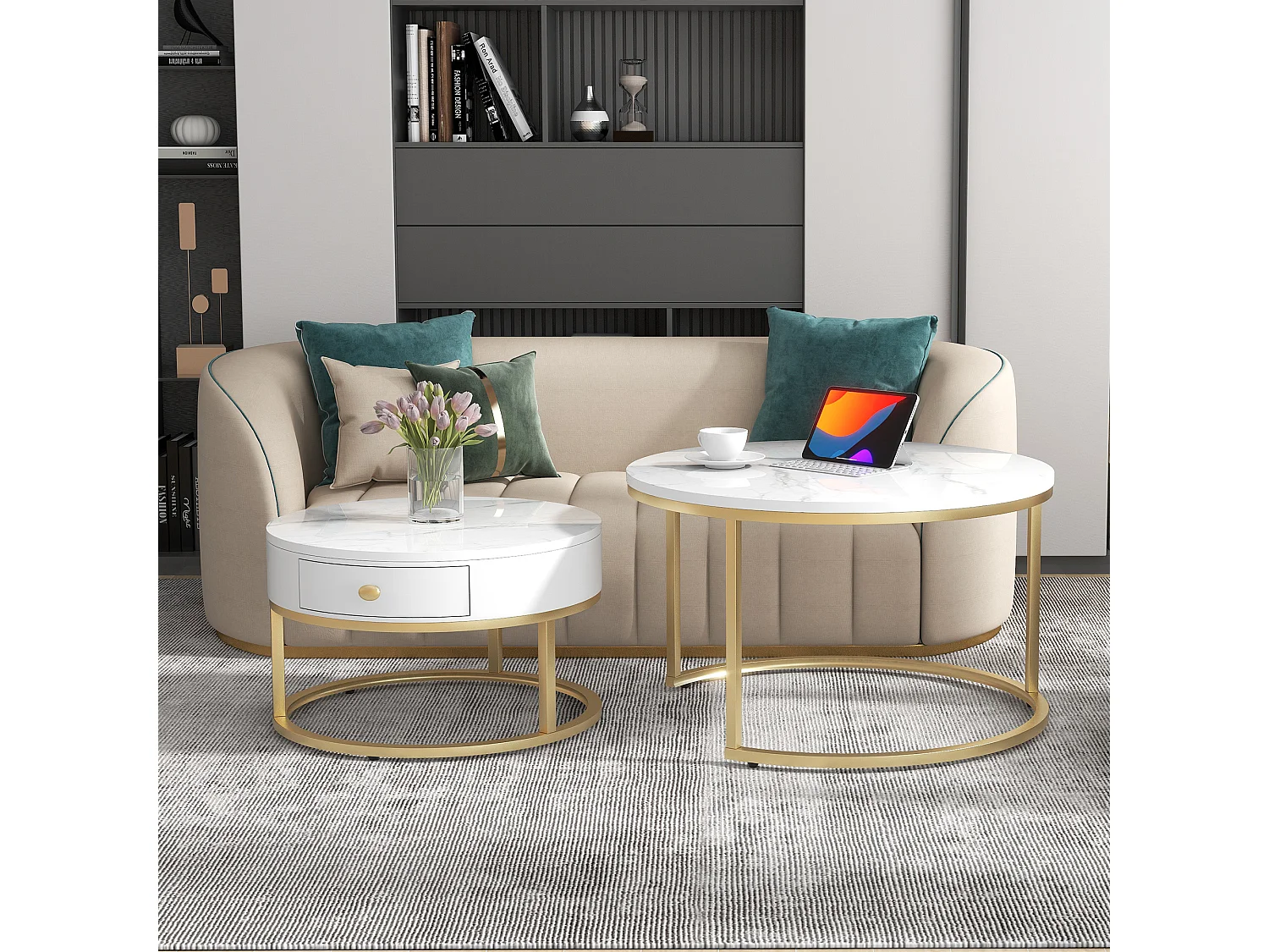 Set aus 2 ineinander steckbaren Couchtischen mit Schublade – skandinavischer Stil – Furnier mit Marmormuster – Weiß