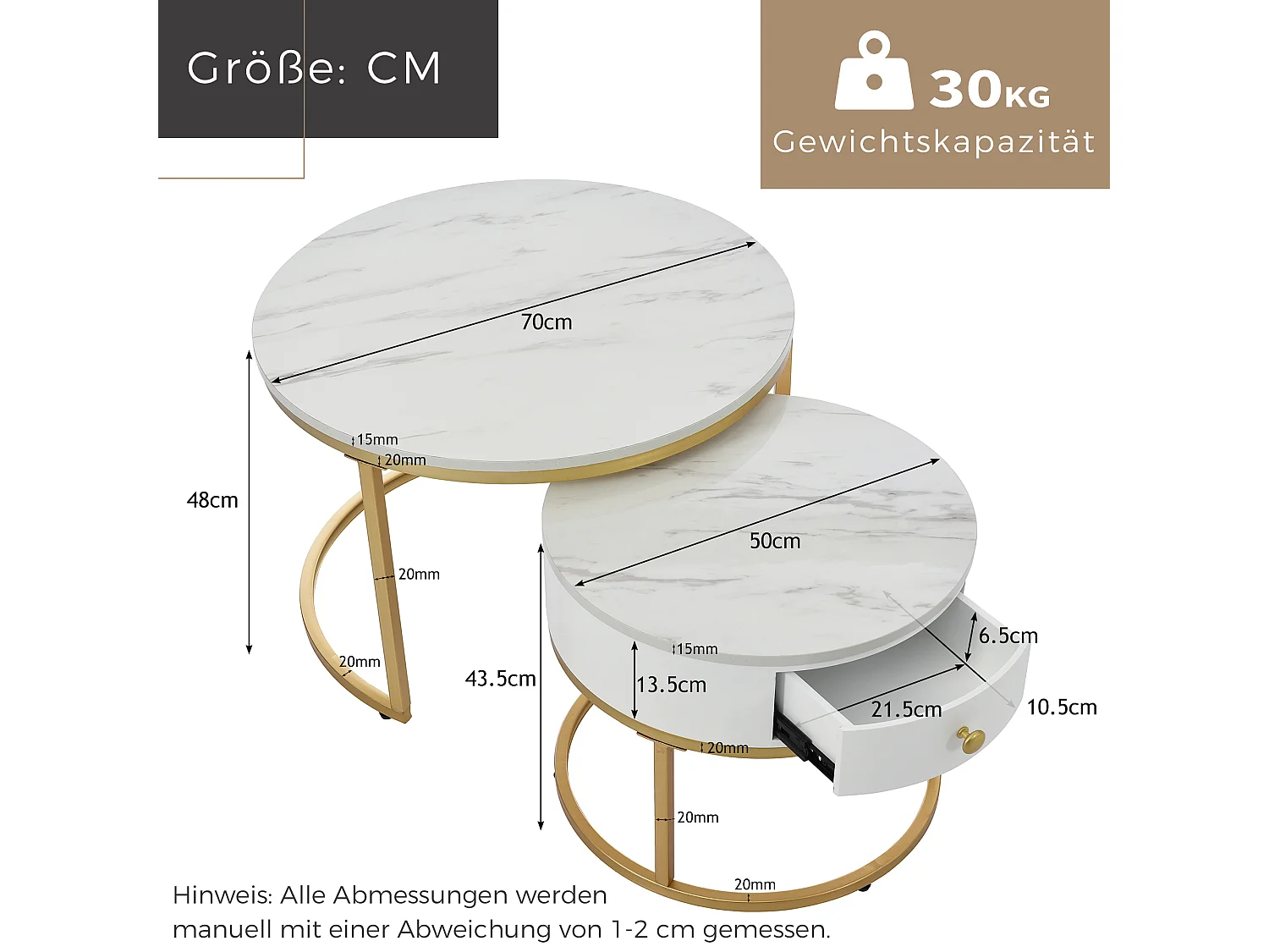 Set aus 2 ineinander steckbaren Couchtischen mit Schublade – skandinavischer Stil – Furnier mit Marmormuster – Weiß